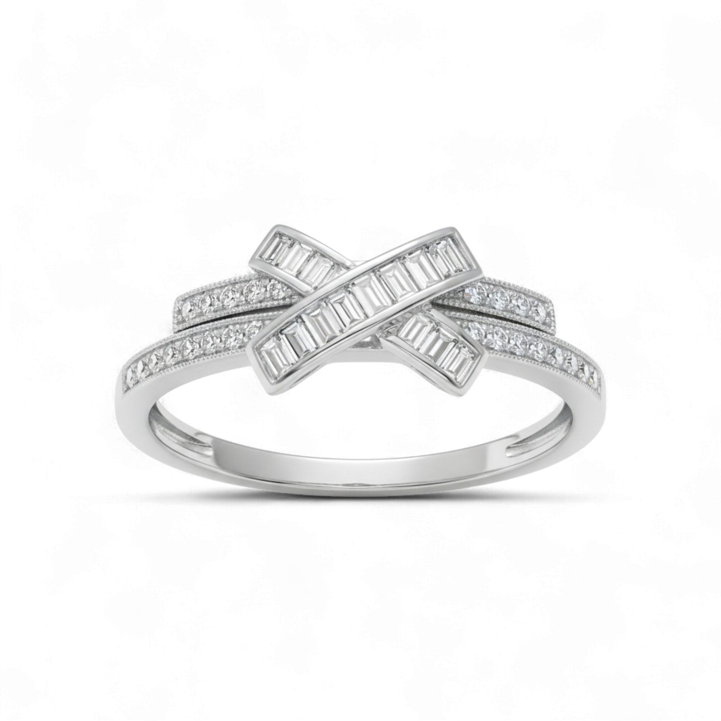 Silver ring with diamond accents on a white background