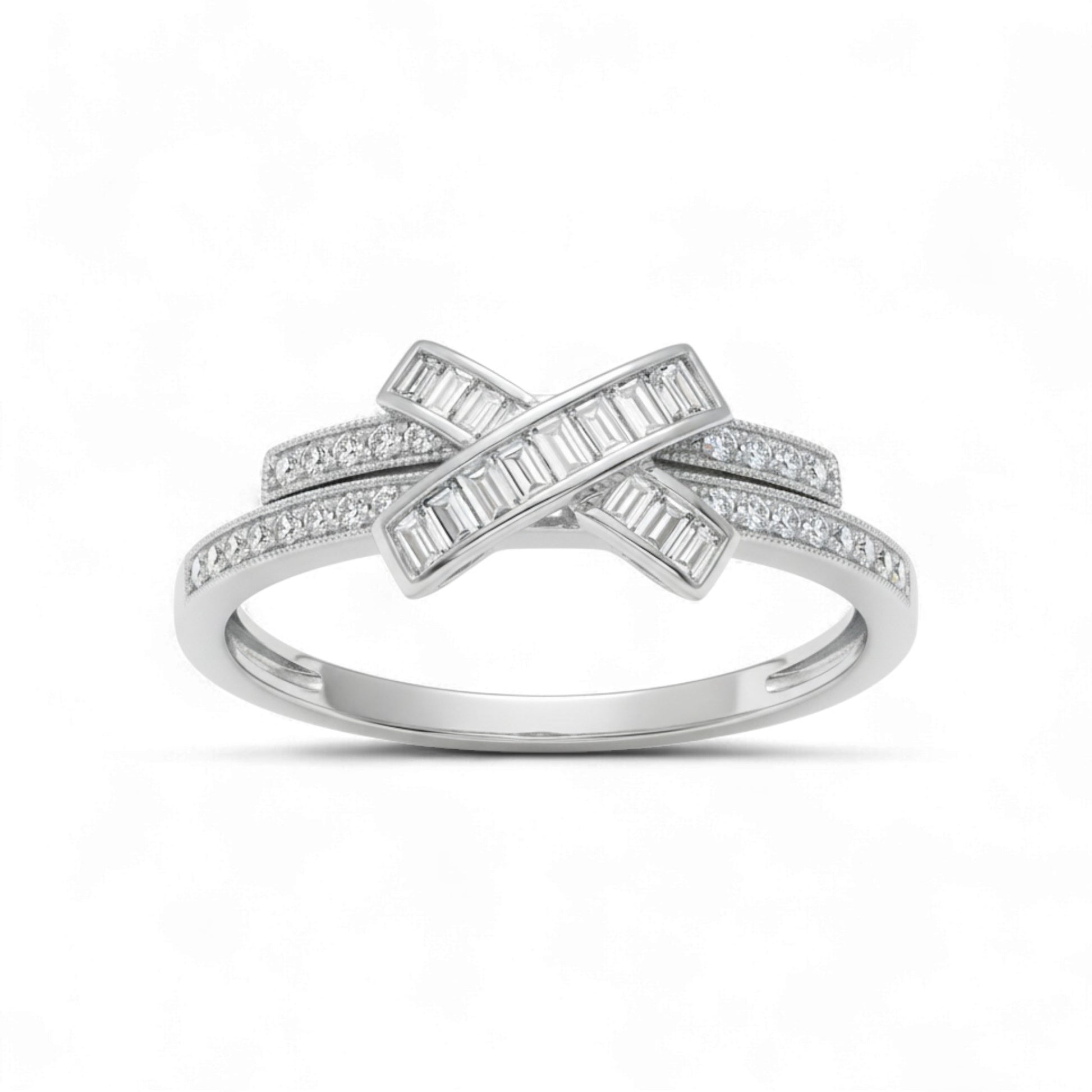 Silver ring with diamond accents on a white background