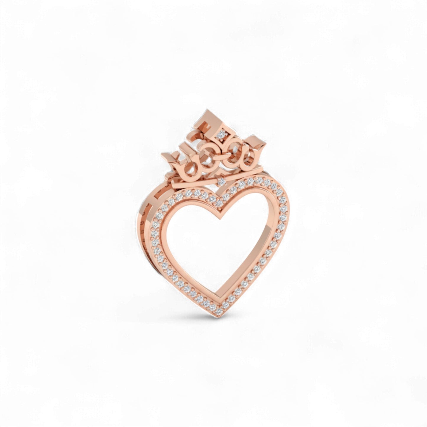 Rose gold heart-shaped ring with a crown design on a white background