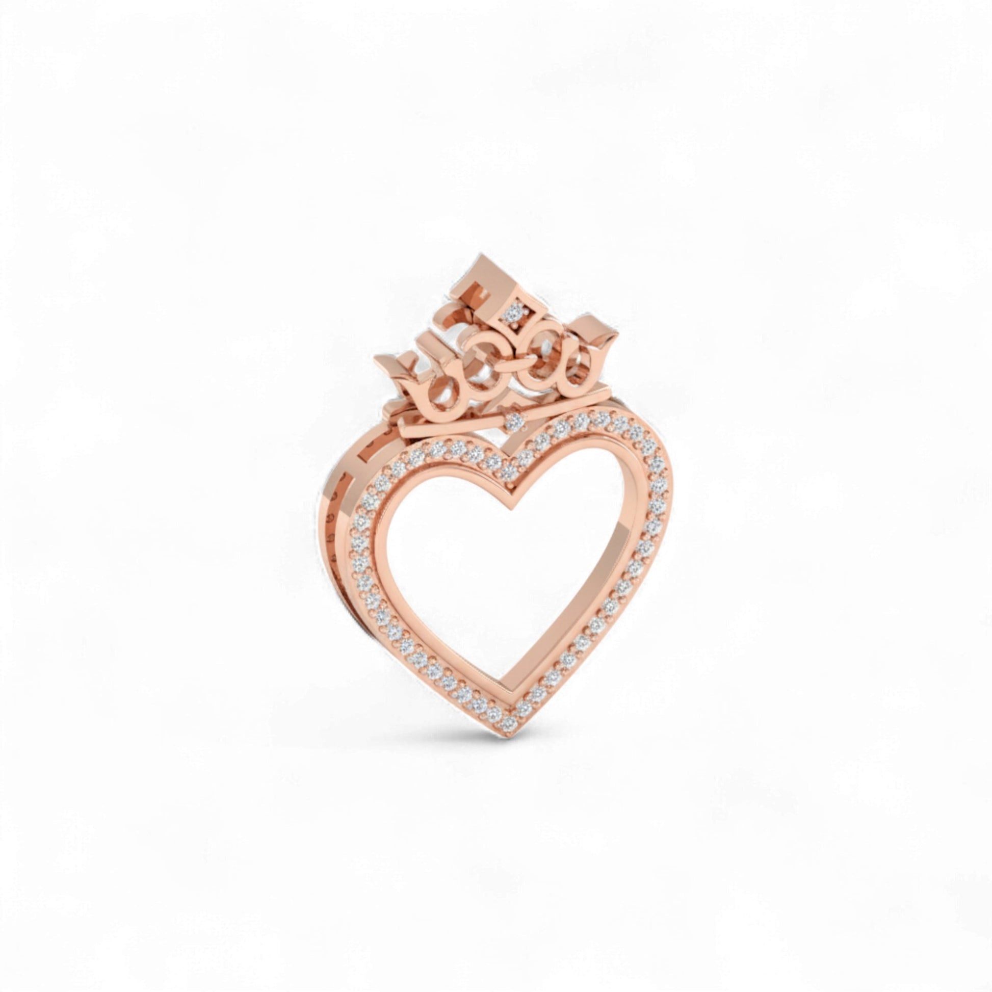 Rose gold heart-shaped ring with a crown design on a white background