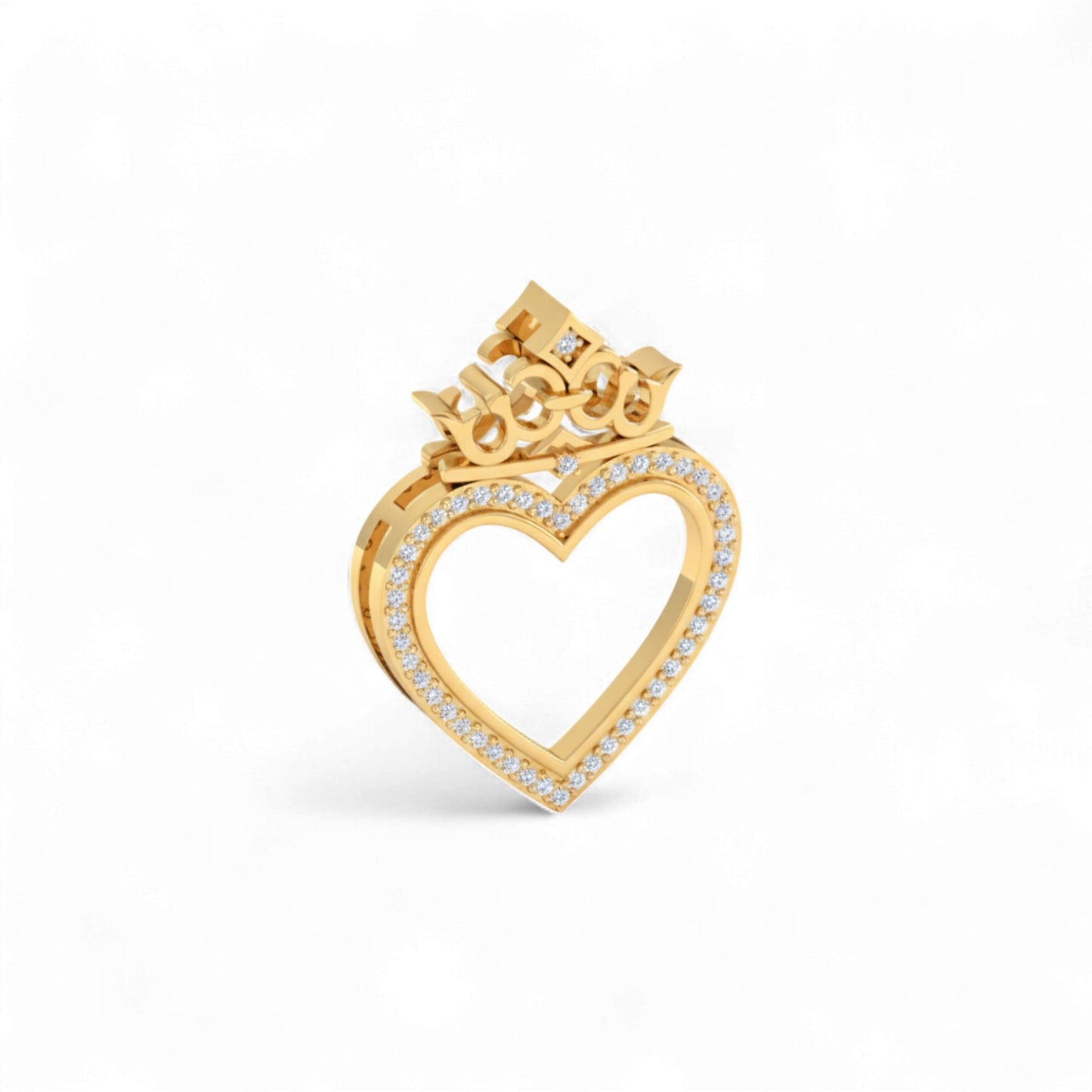 Gold heart-shaped pendant with a crown design on a white background
