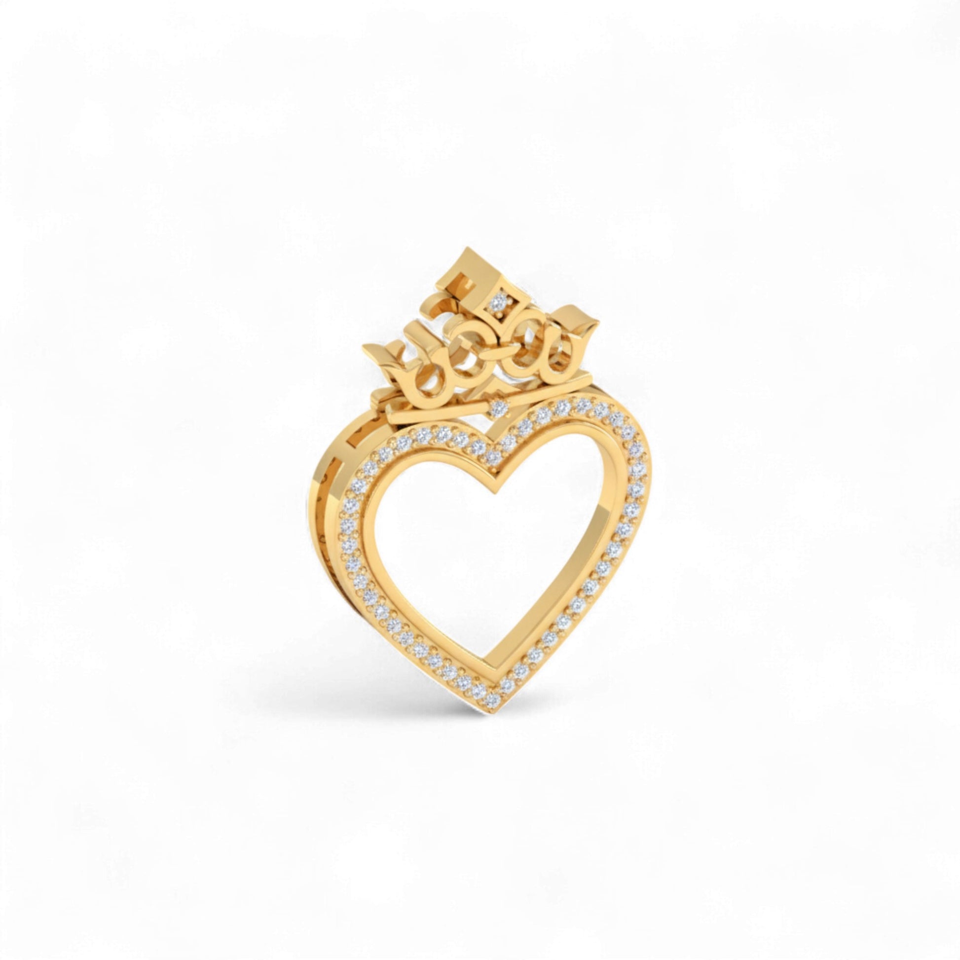 Gold heart-shaped pendant with a crown design on a white background