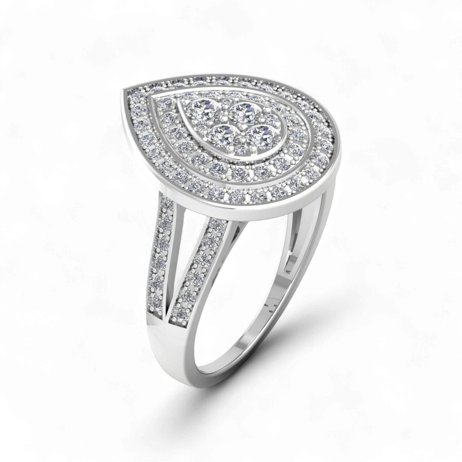 Silver ring with diamond accents on a white background