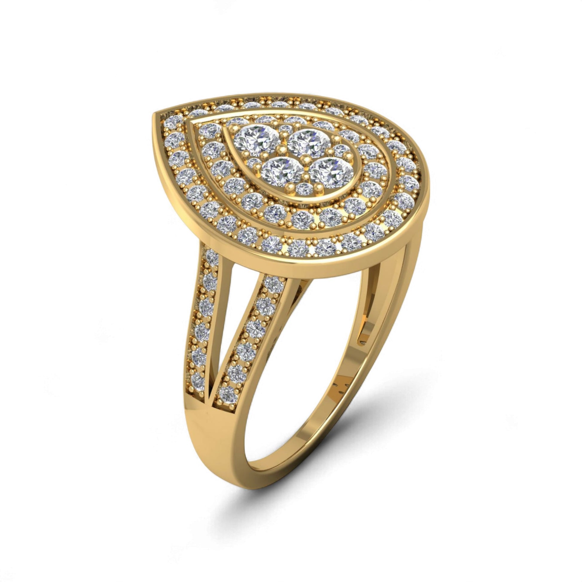 Gold ring with diamond accents on a white background