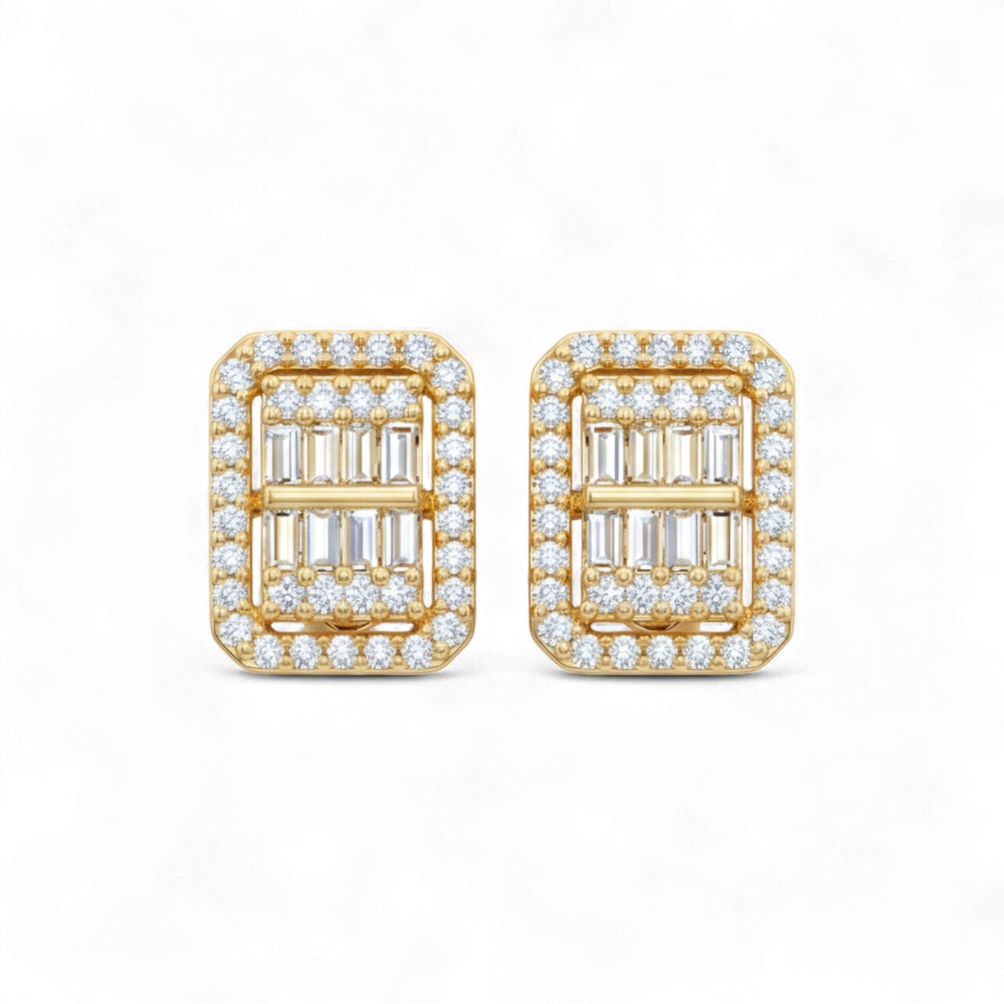 Gold earrings with rectangular gemstones on a white background