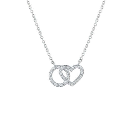 Silver necklace with interlocking heart pendants on a white background