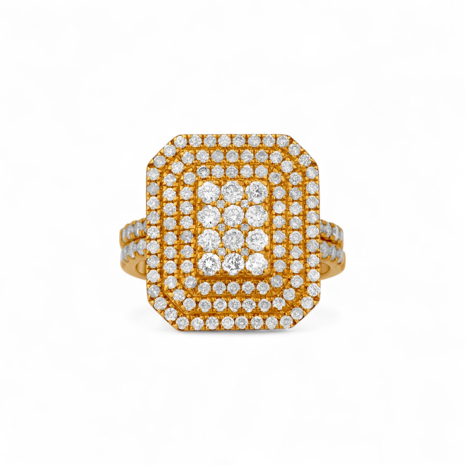 Gold ring with diamond accents on a white background