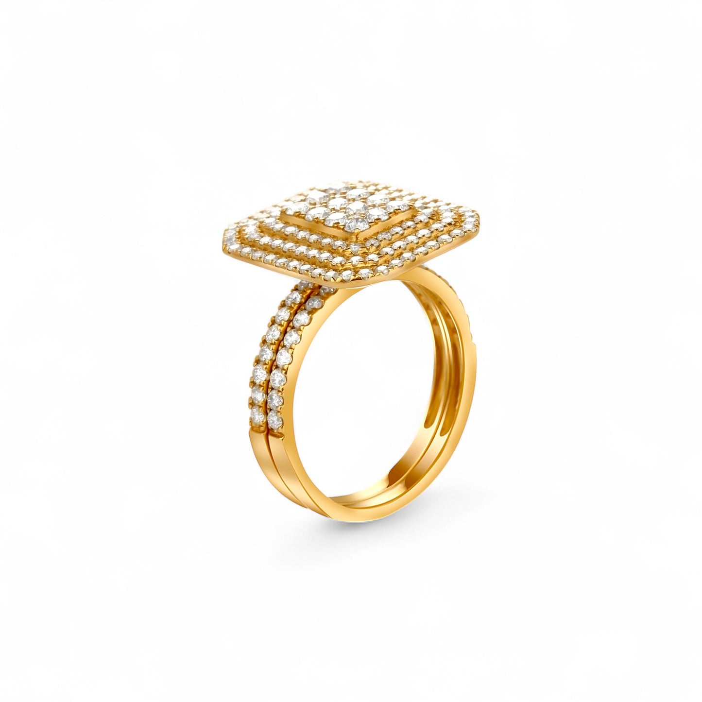 Gold ring with diamond accents on a white background
