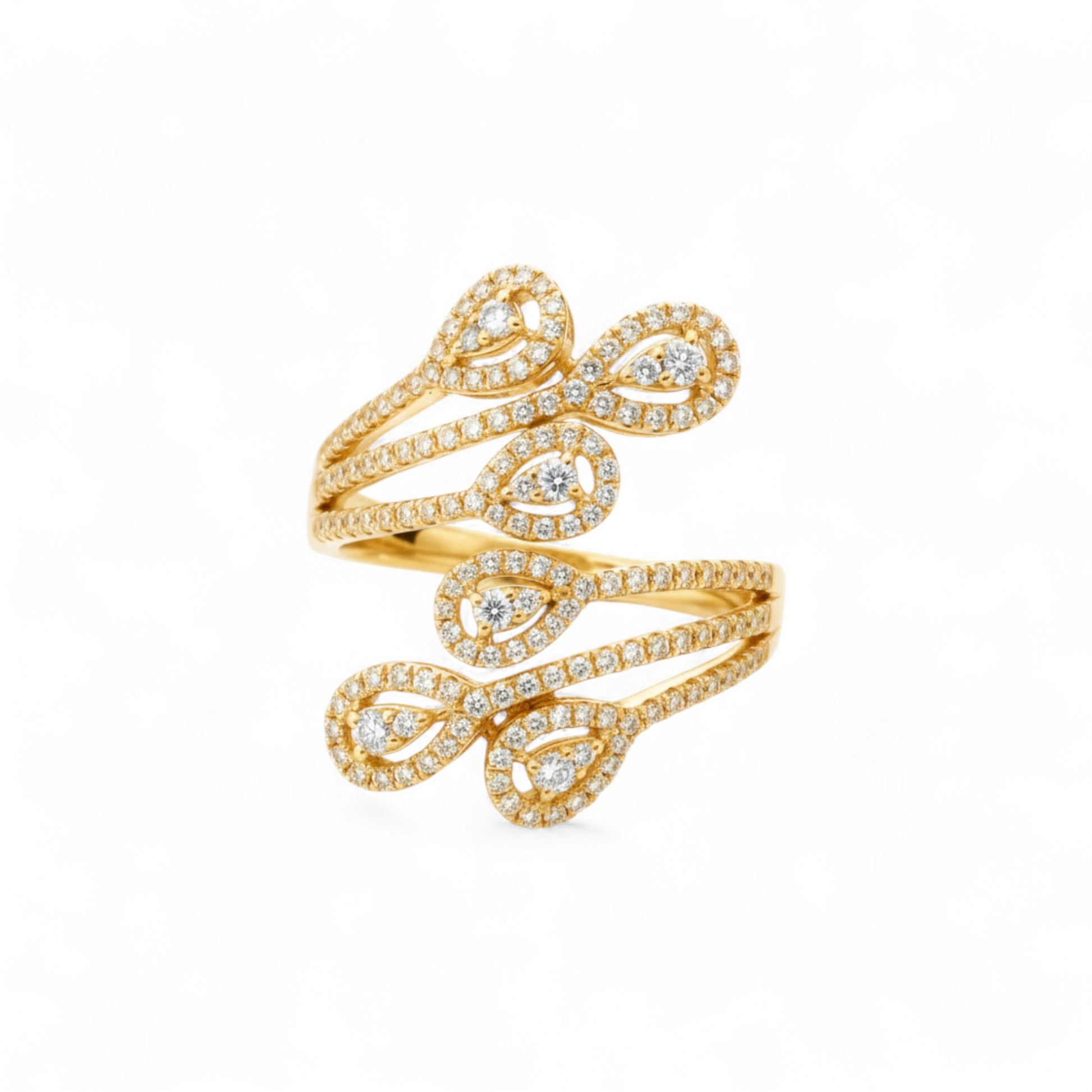 Gold ring with diamond accents on a white background