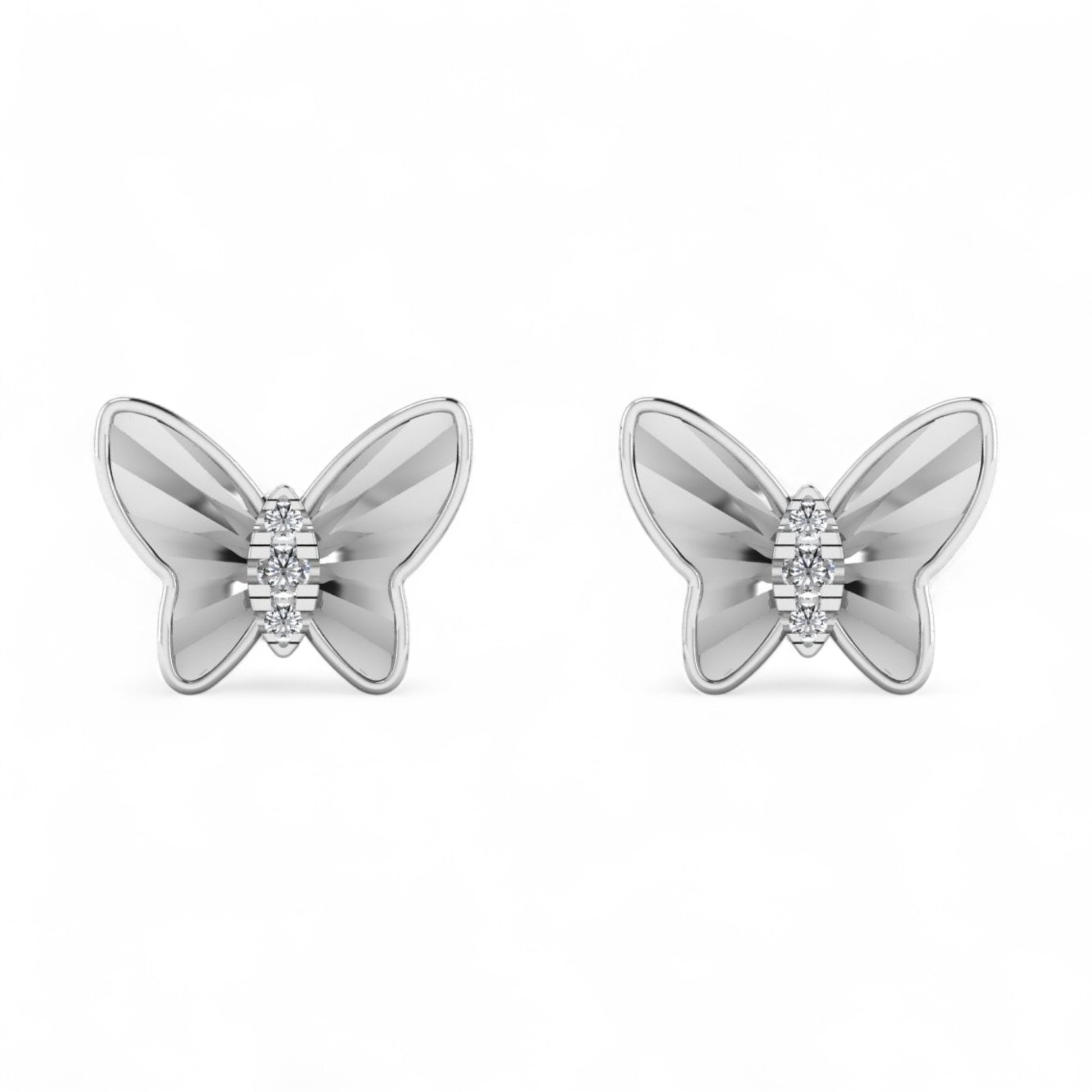 Butterfly-shaped earrings with diamond centers on a white background