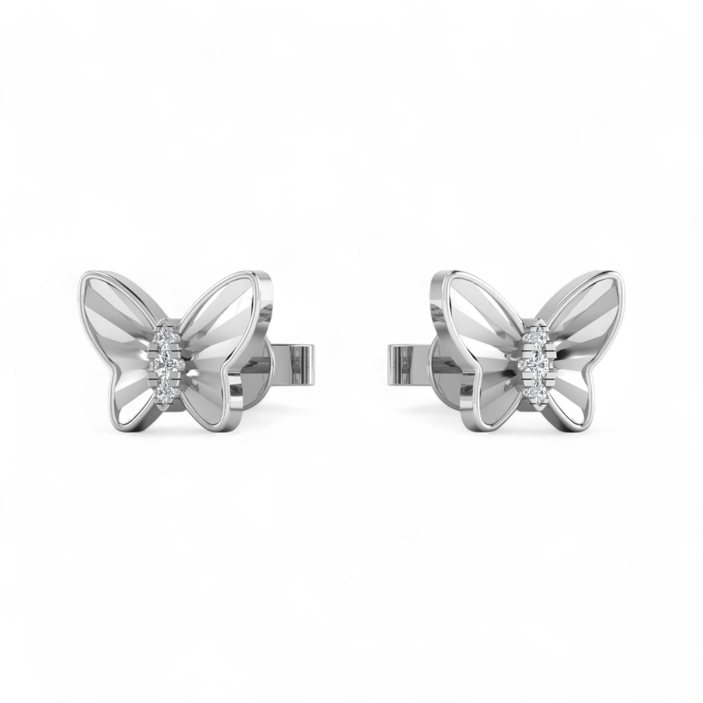 Butterfly-shaped earrings with diamond centers on a white background