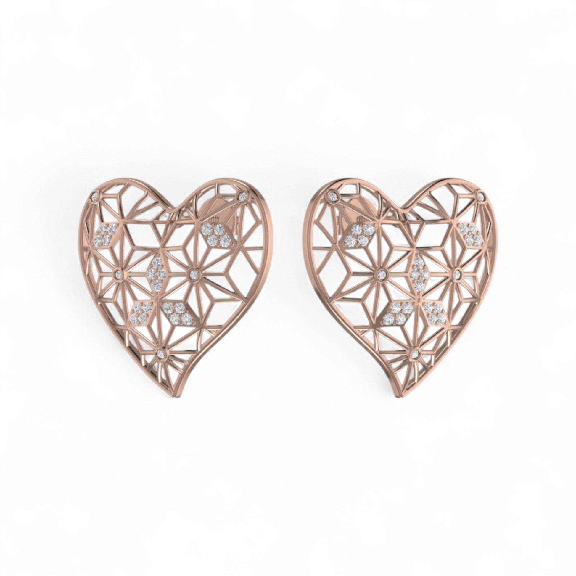 Rose gold heart-shaped earrings with diamond-like stones on a white background