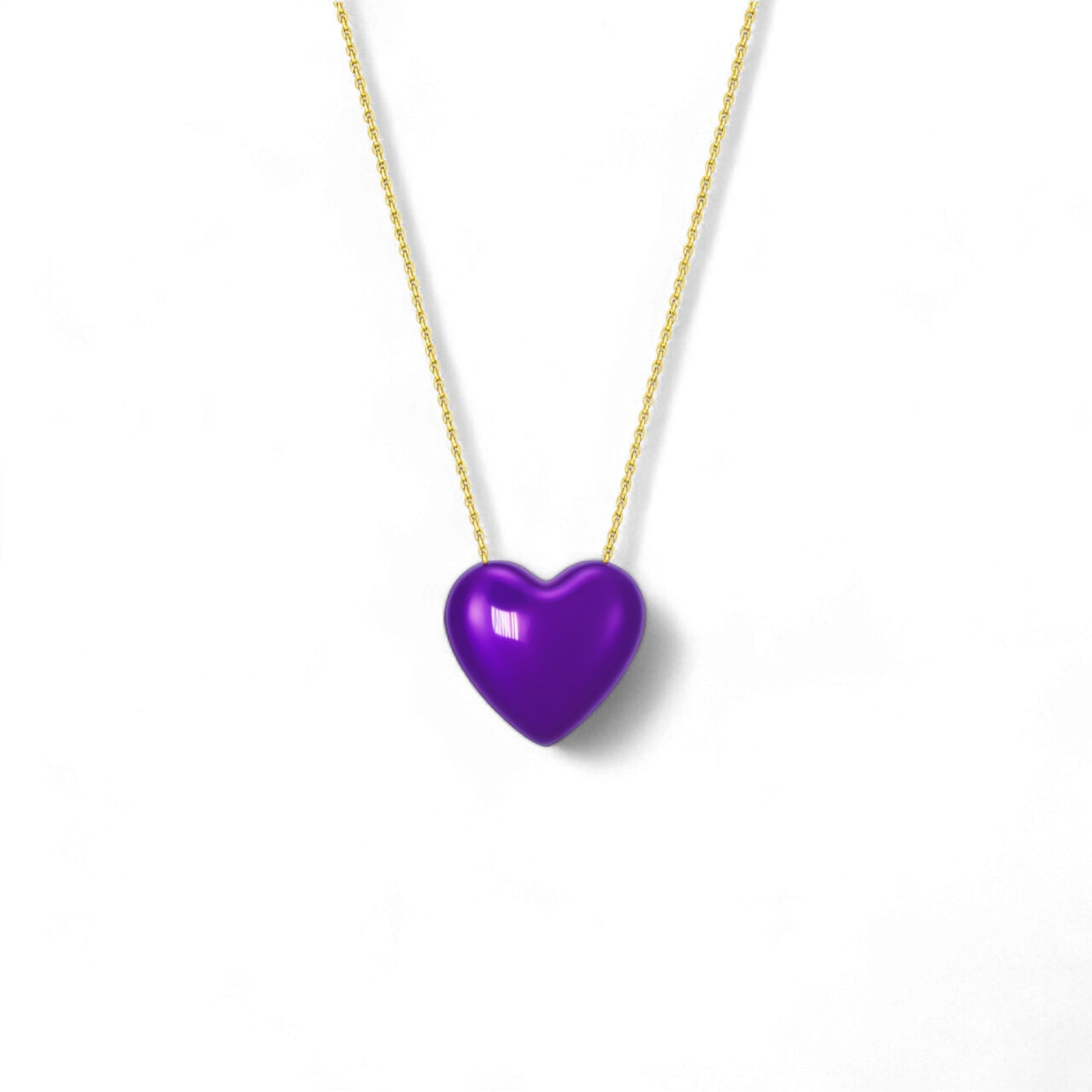 Purple heart-shaped pendant on a gold chain against a white background