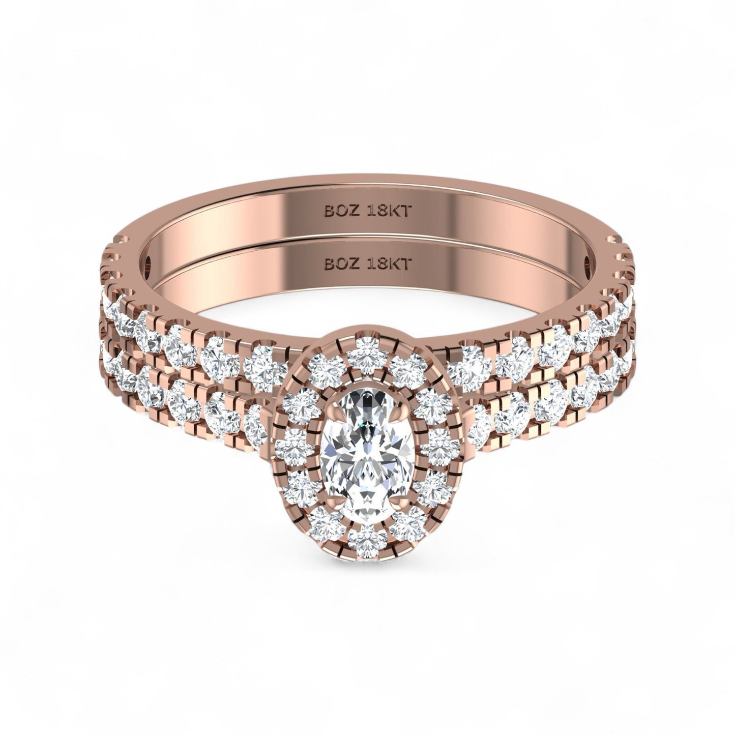 Rose gold ring with diamond accents on a white background