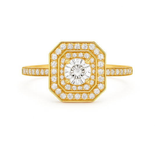 Gold ring with a central diamond and smaller diamonds on a white background