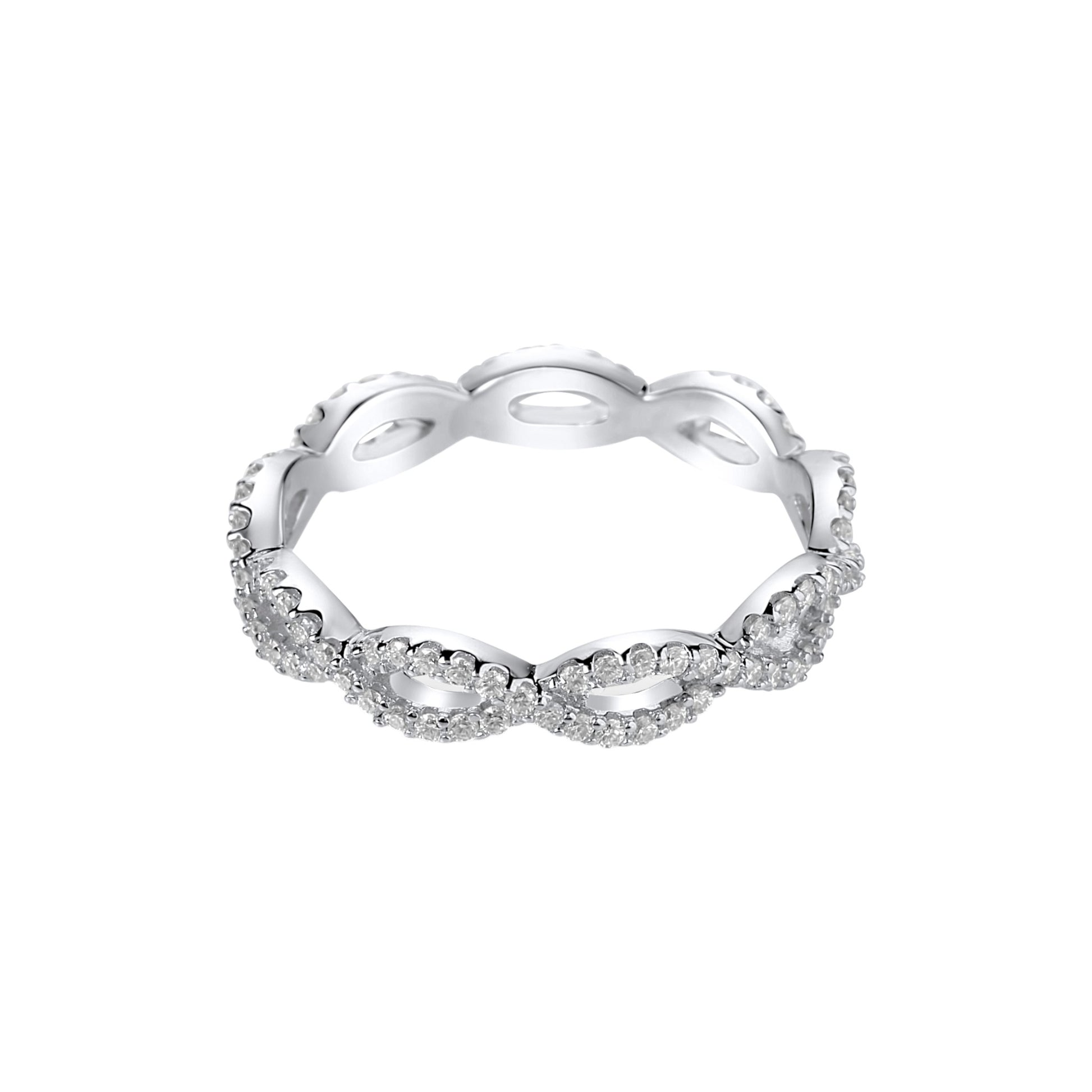 Silver ring with small diamonds on a white background