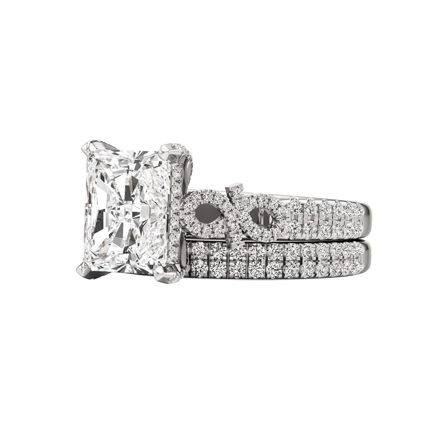 Diamond ring with a matching band on a white background