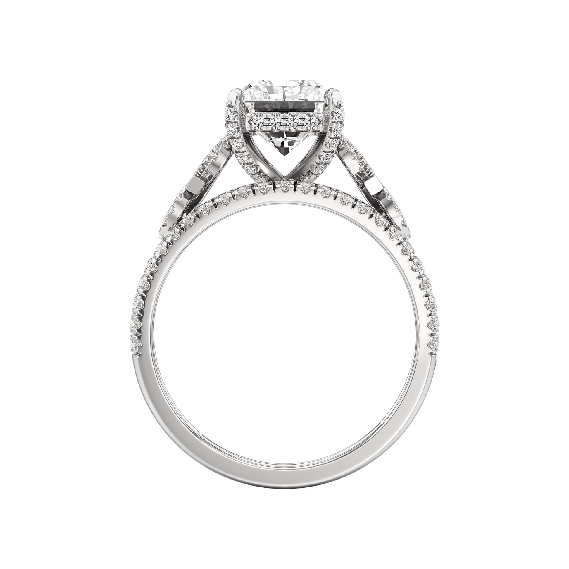 Diamond ring with a central gemstone and smaller diamonds on a white background