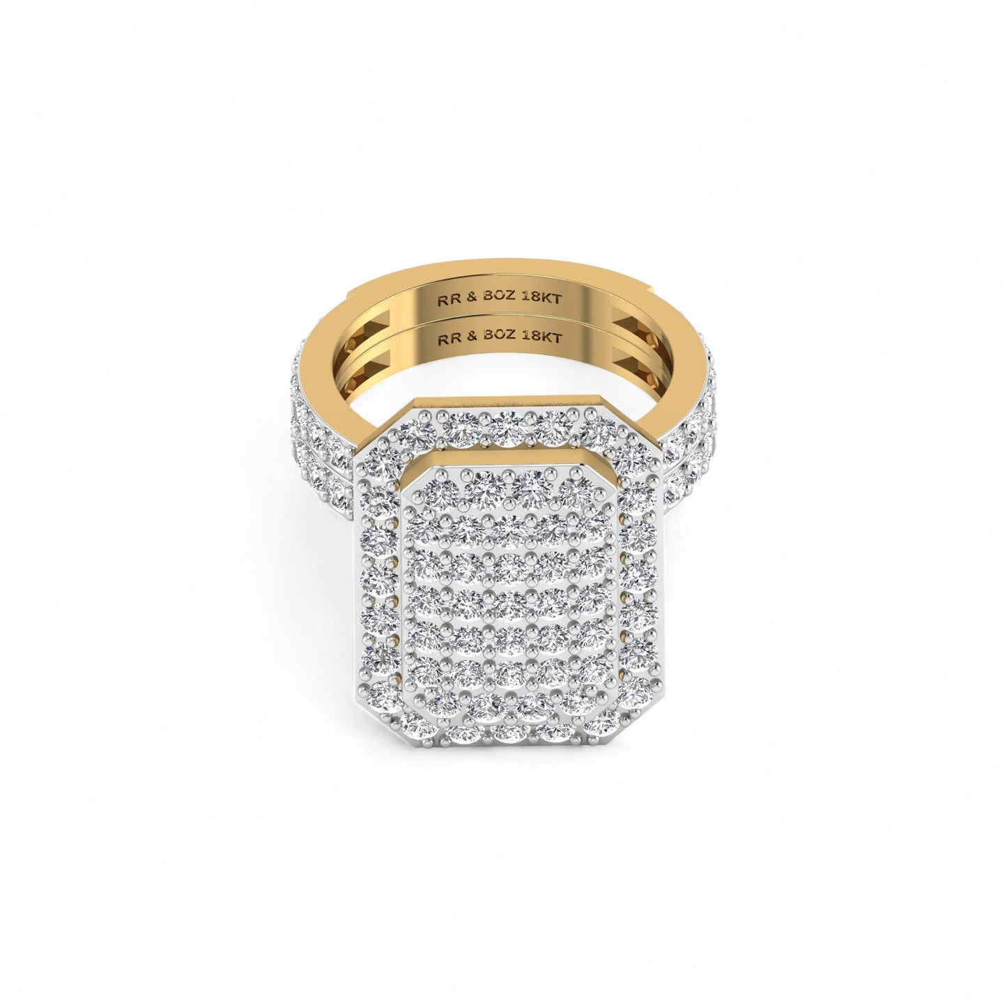 Gold and silver ring with diamond accents on a white background