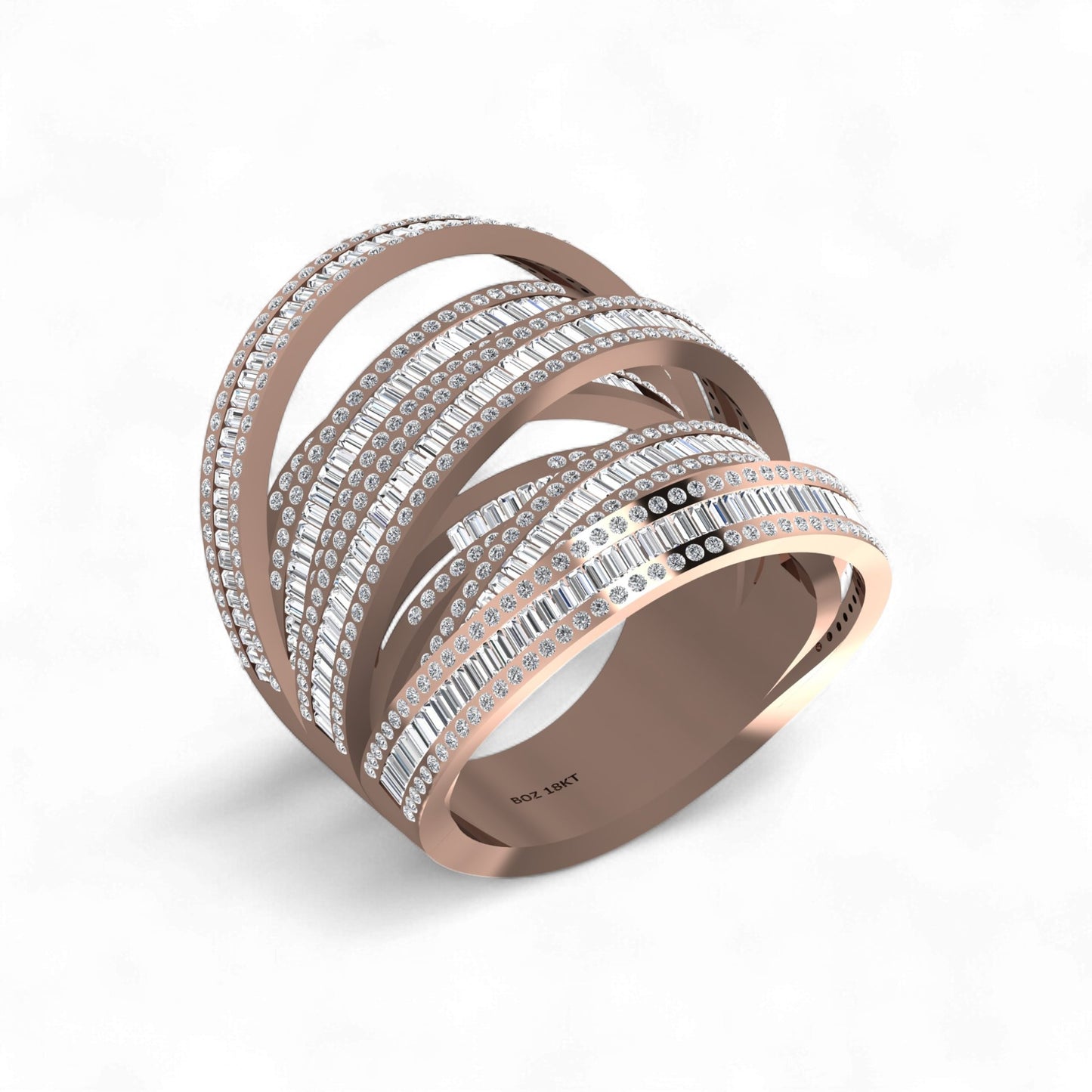 Layered Crisscross Baguette Cut Tri Tone Ring in 18KT Gold