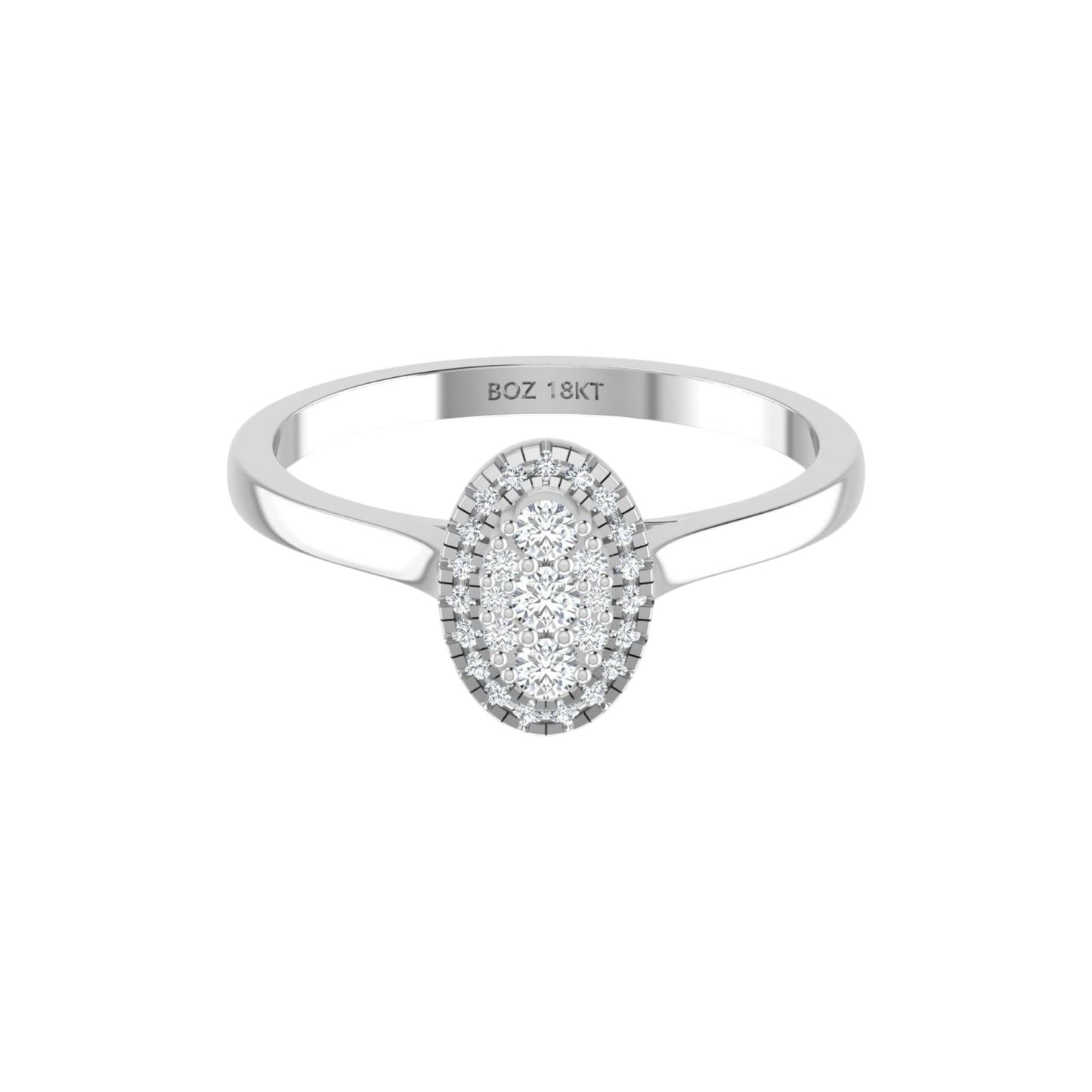 Silver ring with a diamond halo on a white background