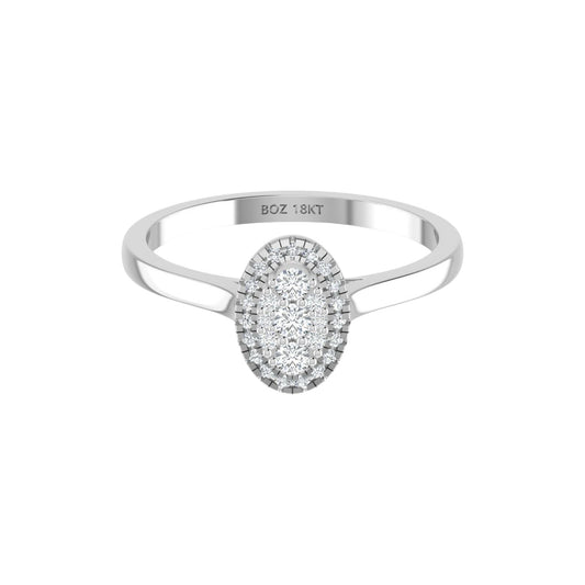 Silver ring with a diamond halo on a white background