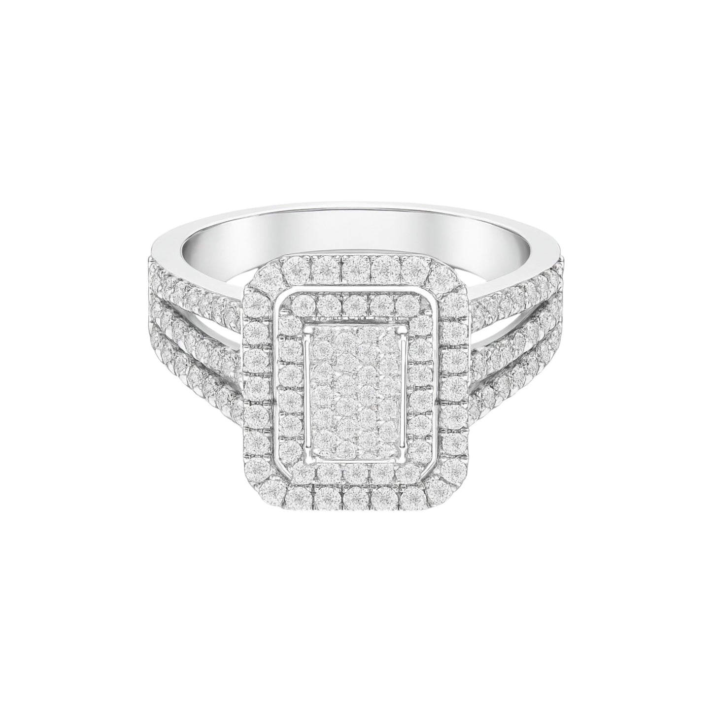 Silver ring with diamond accents on a white background