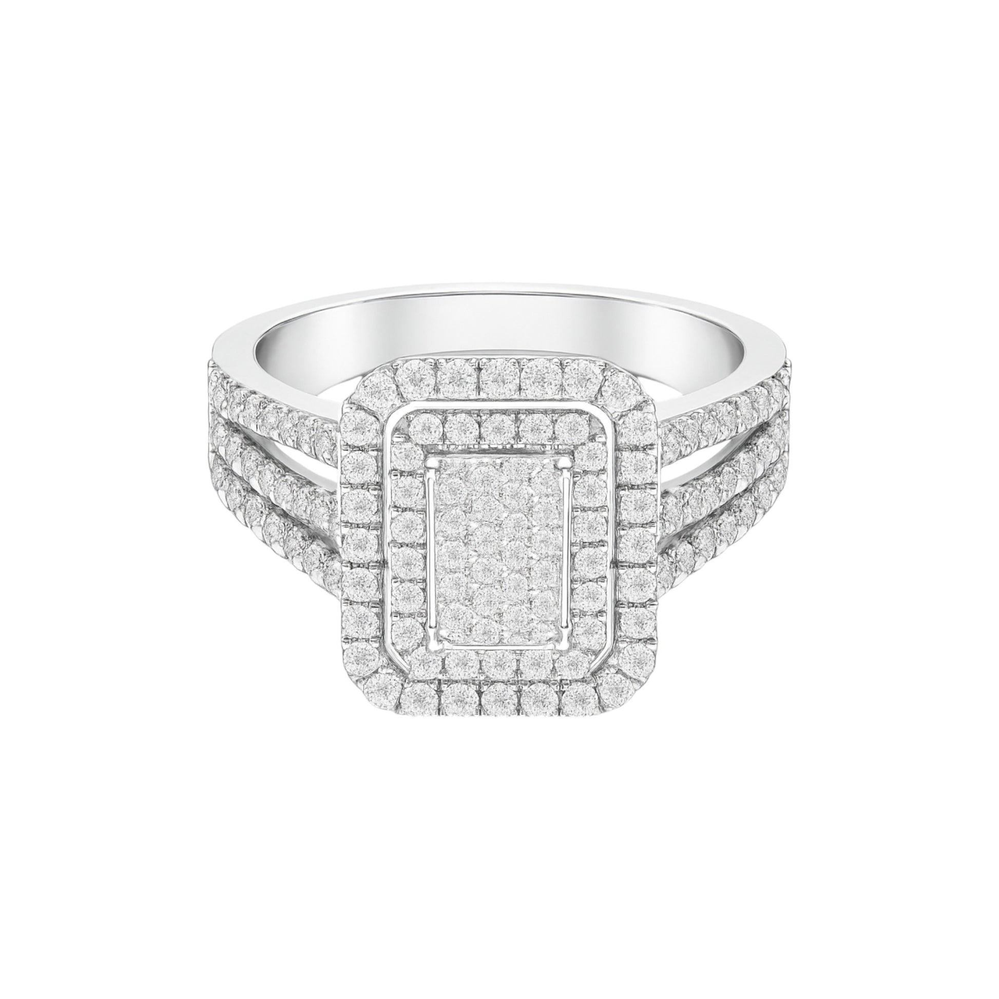 Silver ring with diamond accents on a white background