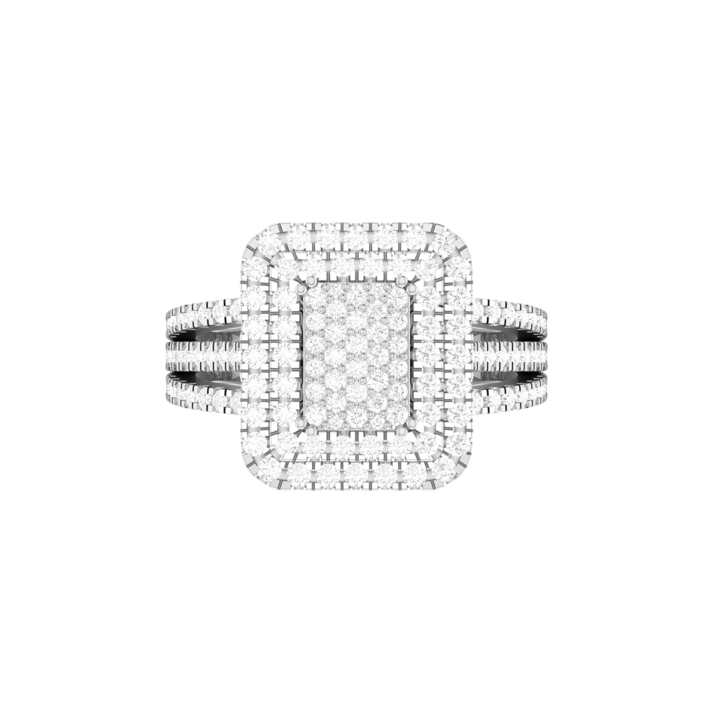 Diamond ring with a square halo on a white background