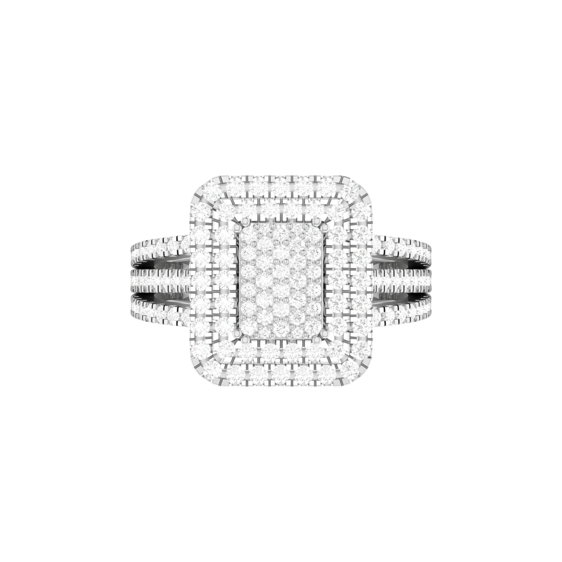 Diamond ring with a square halo on a white background