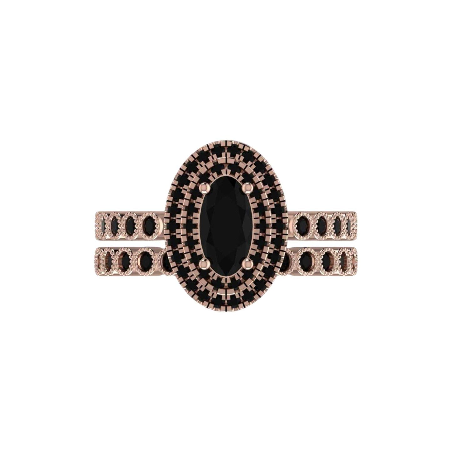 Rose gold ring with a black gemstone on a white background