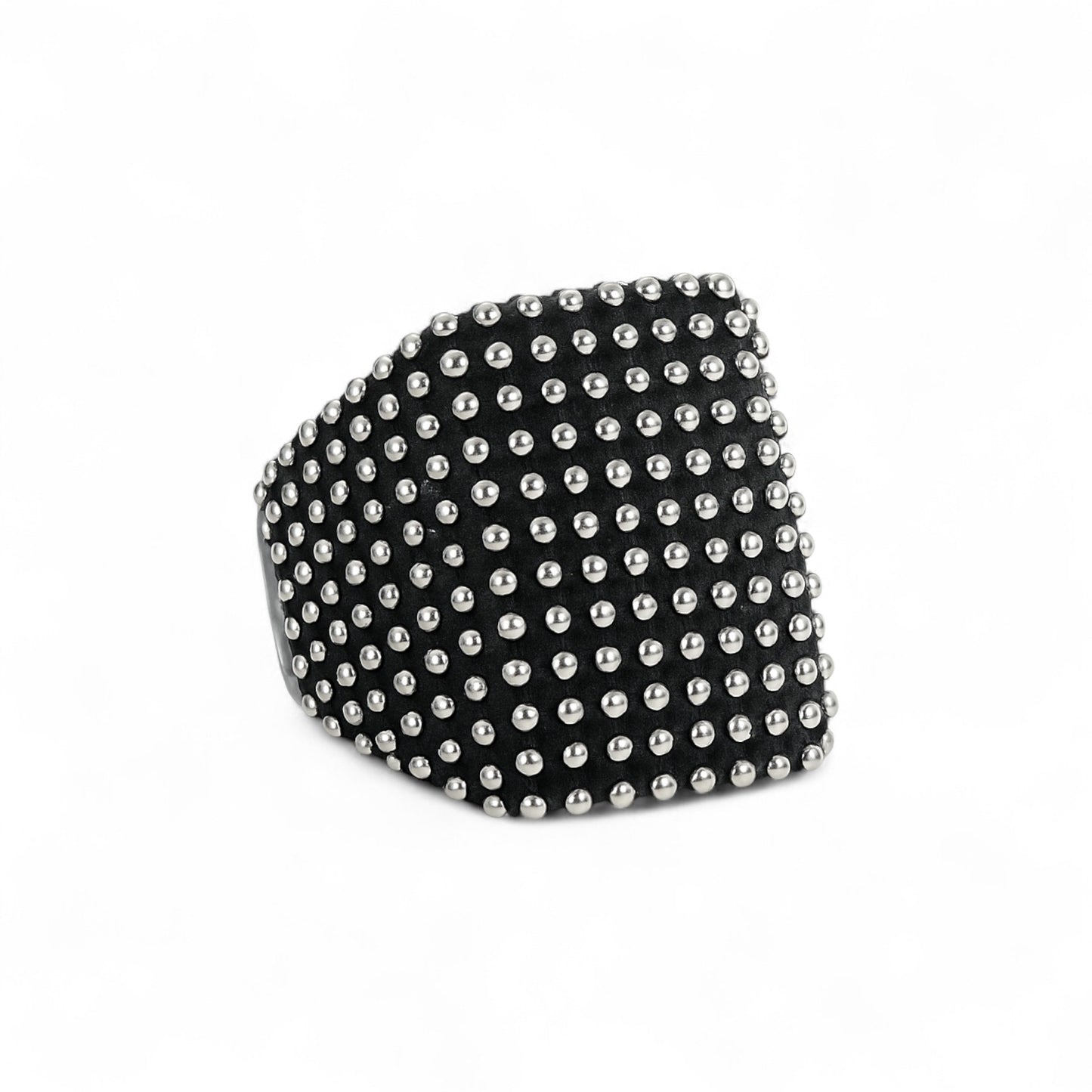 Black ring with silver studs on a white background