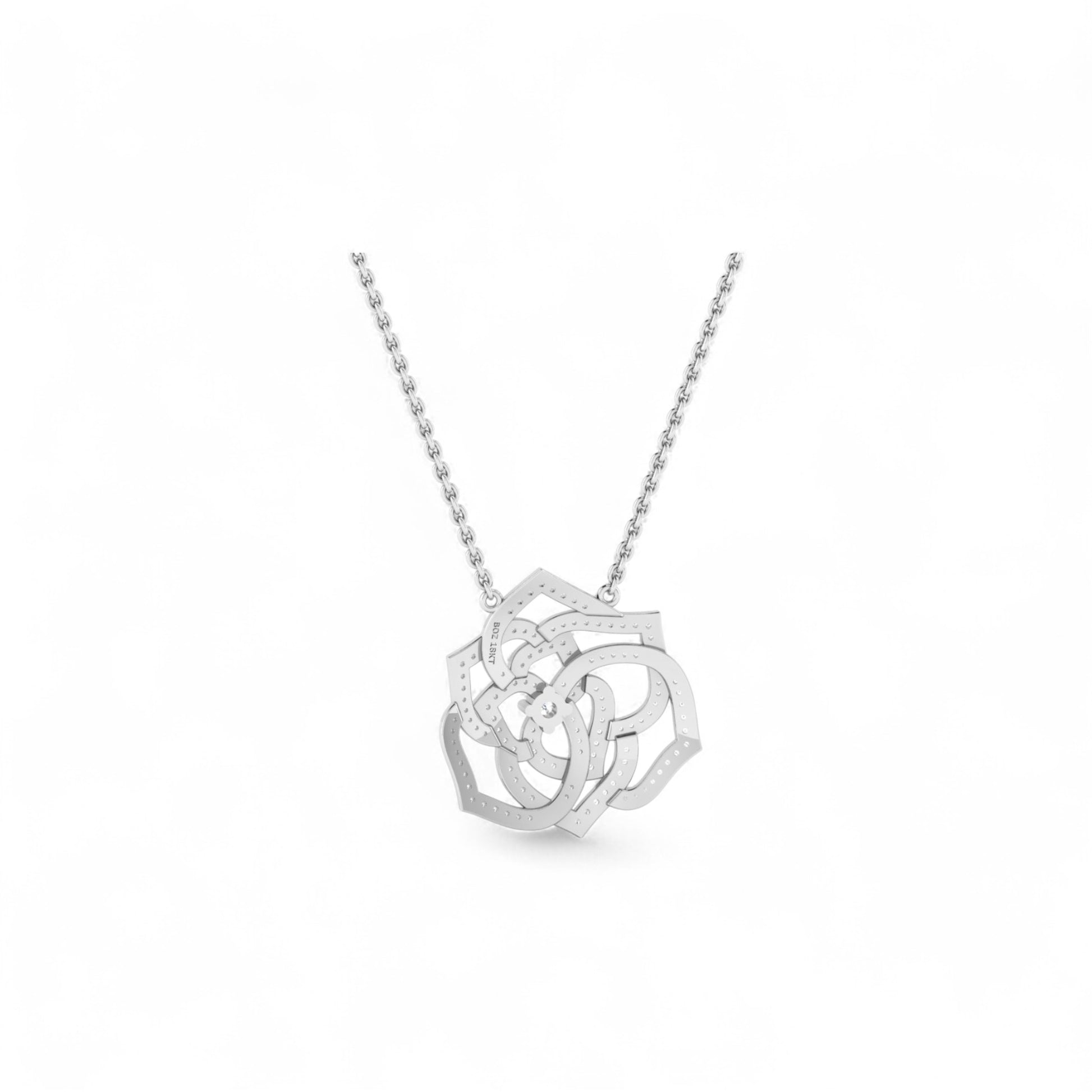 Silver necklace with a intricate pendant on a white background