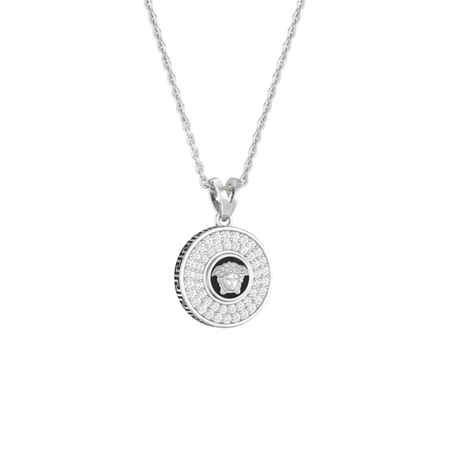Silver necklace with a round pendant on a white background