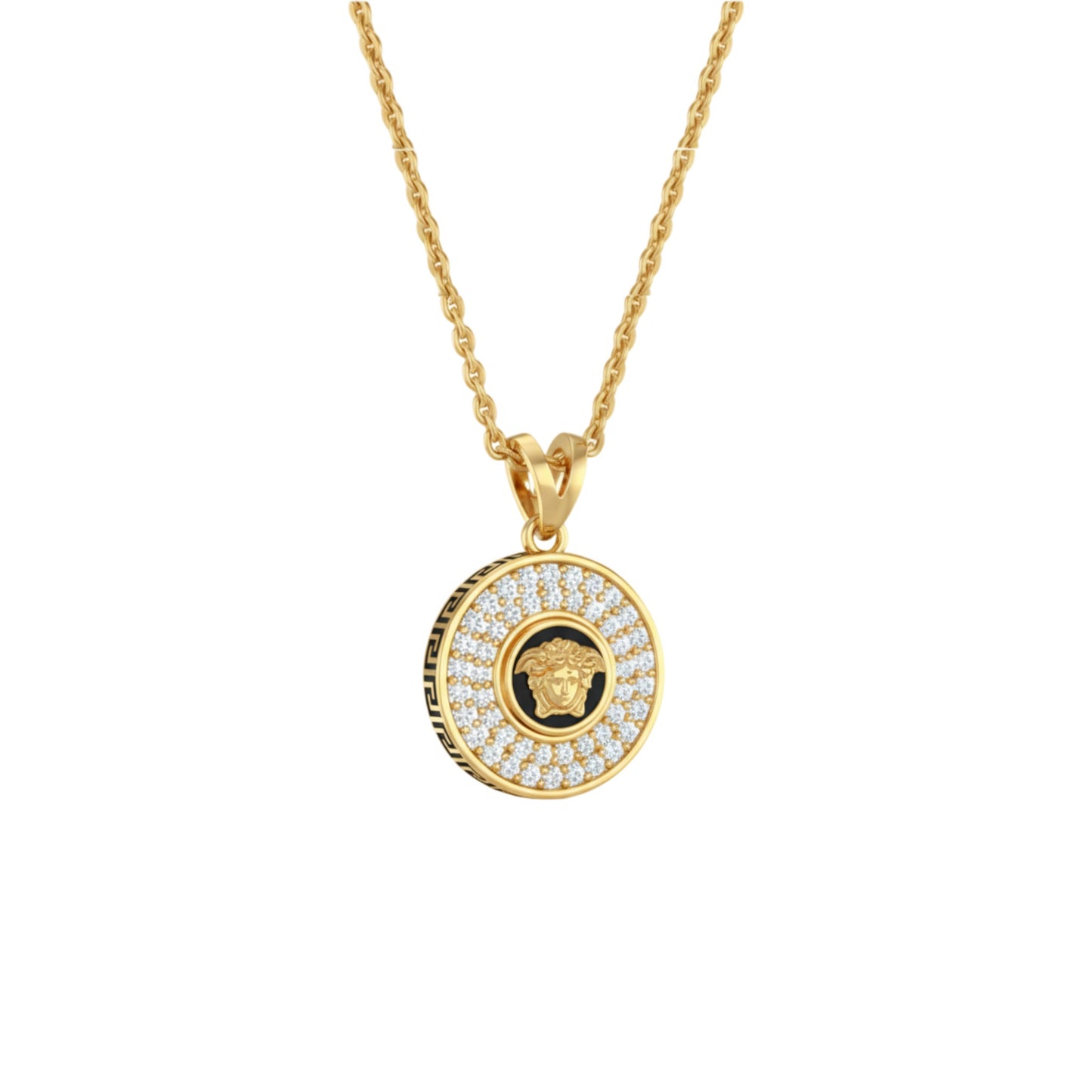 Gold necklace with a round pendant featuring a face design on a white background