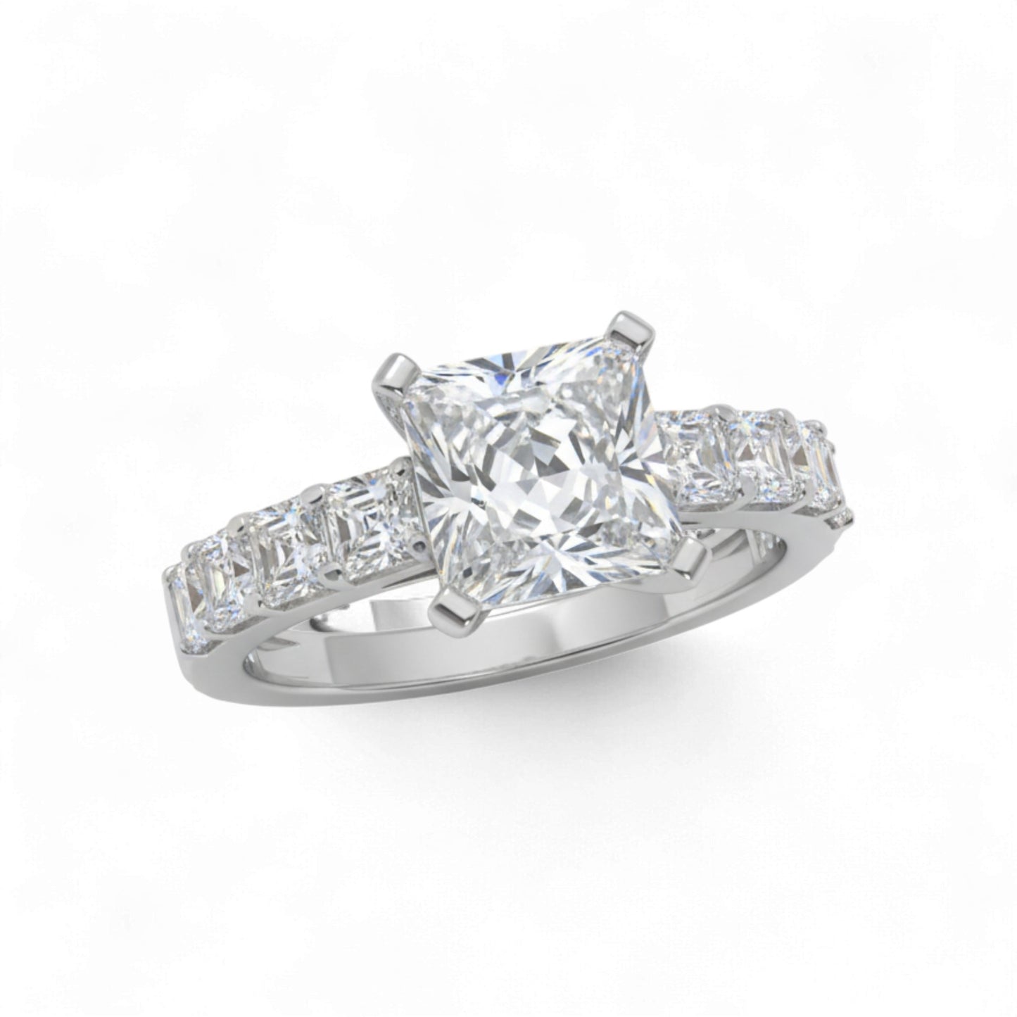 Diamond ring with a central princess-cut diamond and smaller baguette diamonds on a white background
