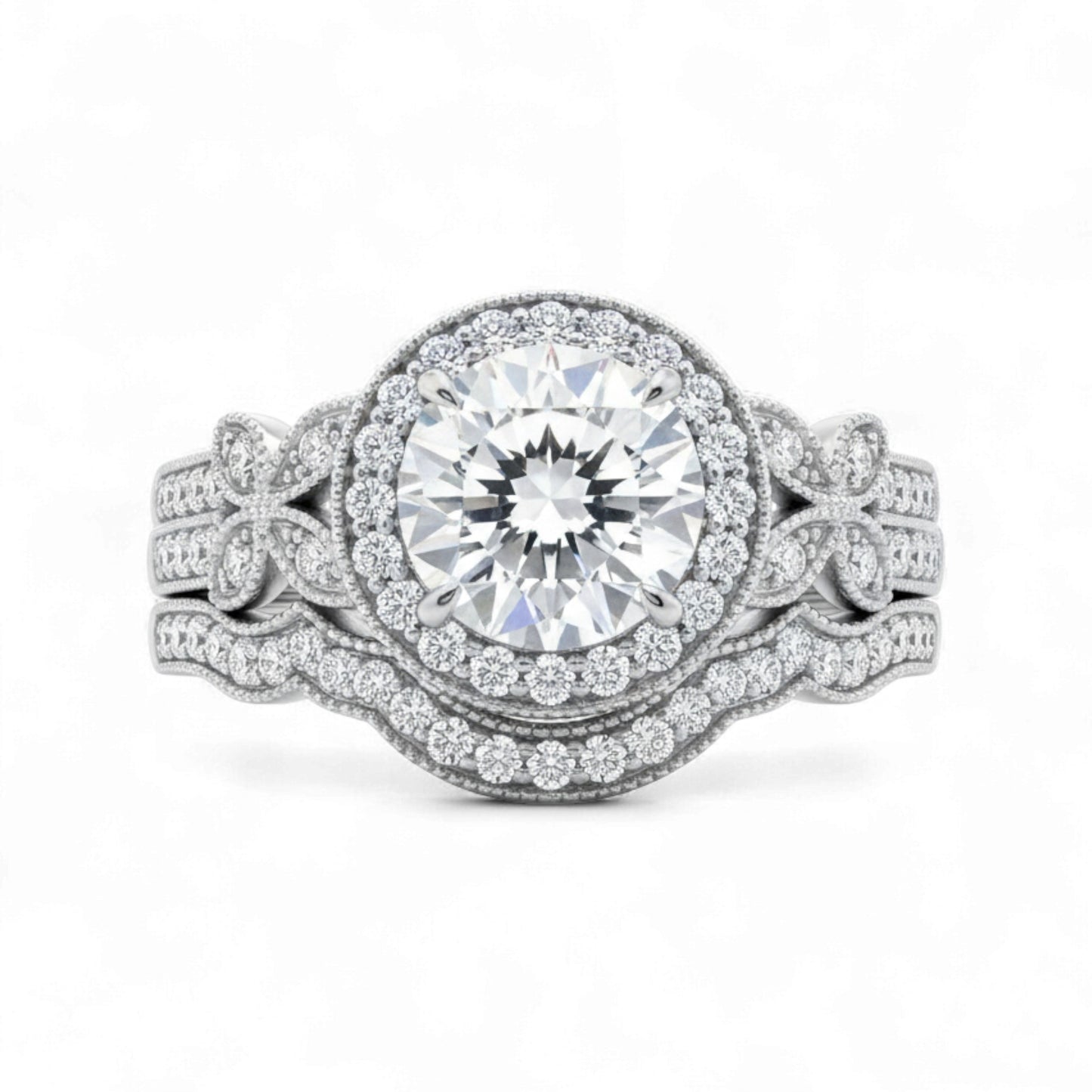 Elegant diamond ring with intricate design on a white background