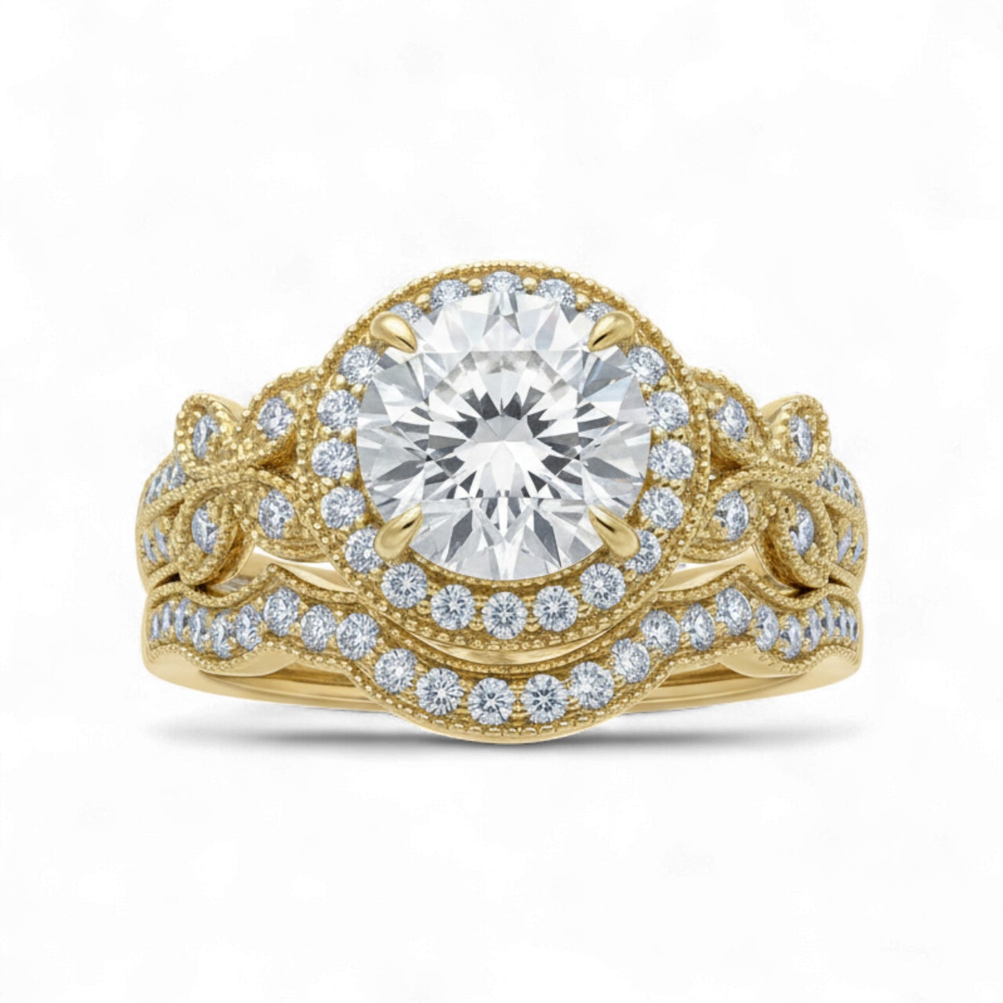 Gold ring with a large diamond and smaller diamonds on a white background