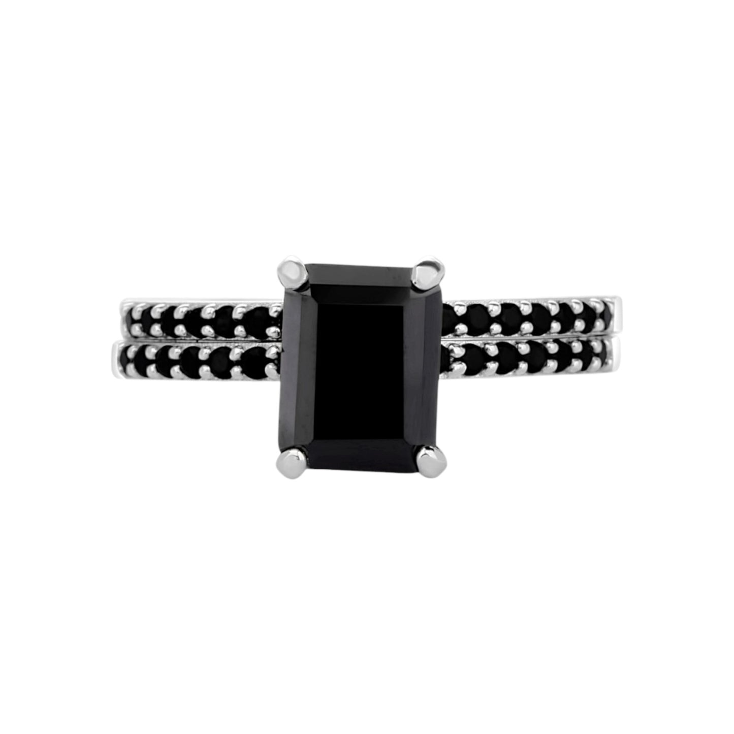 No Halo Black Emerald Cut Bridal Set in 925 Sterling Silver