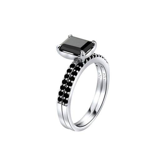 No Halo Black Emerald Cut Bridal Set in 925 Sterling Silver