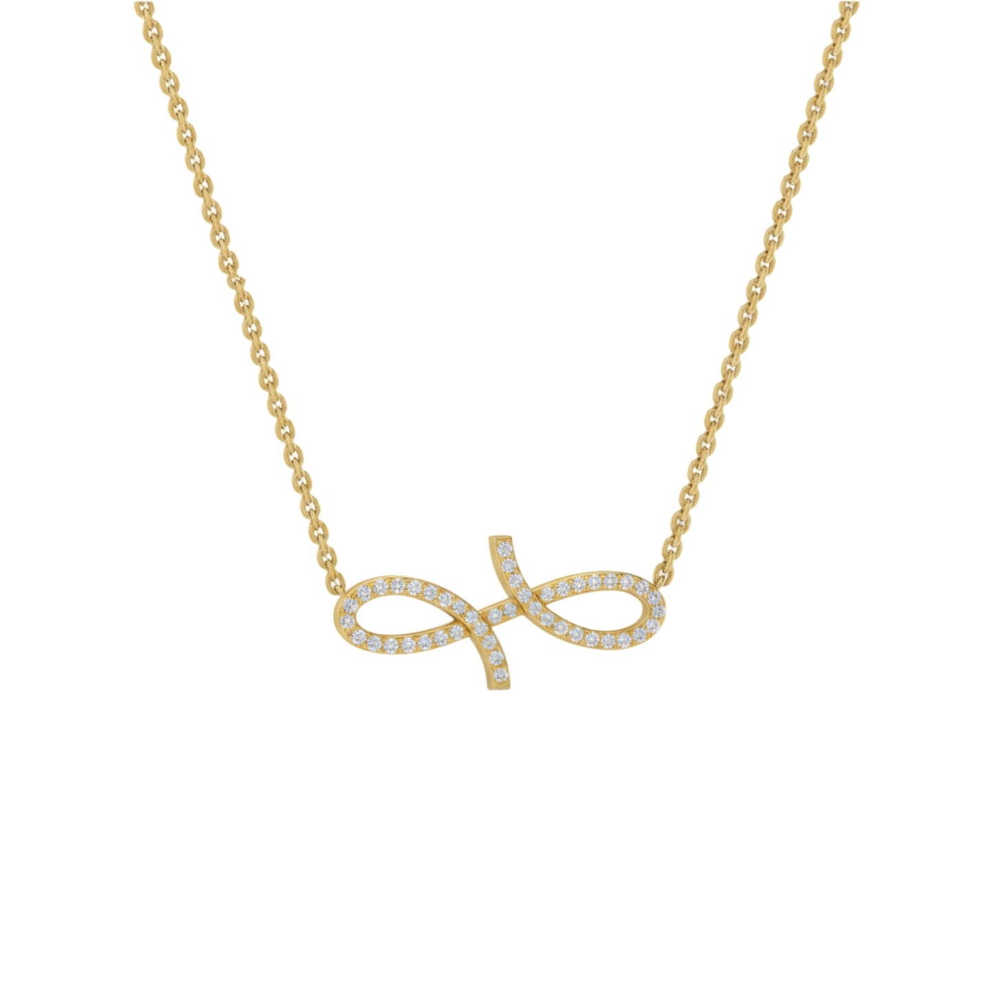 Gold necklace with an infinity symbol pendant on a white background