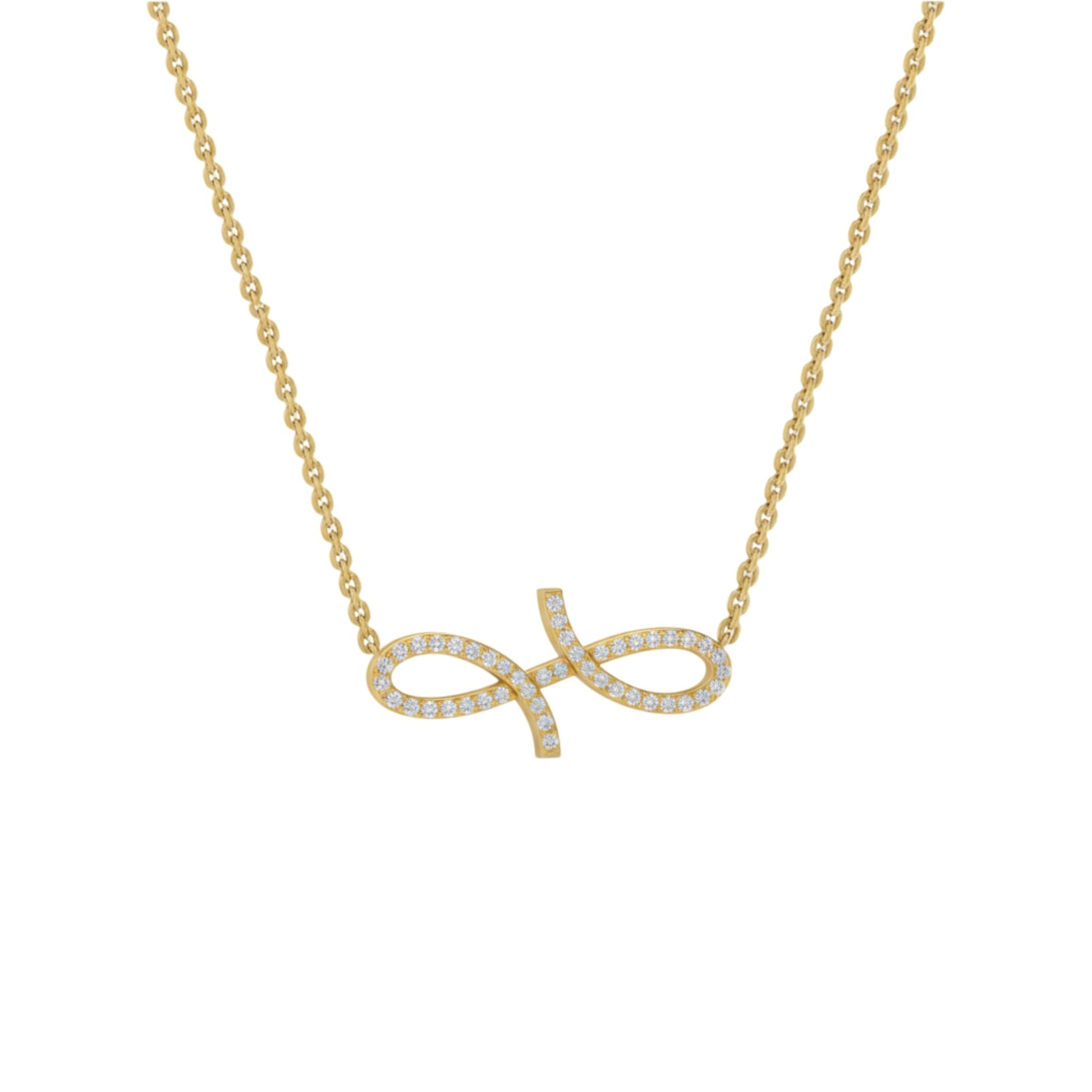Gold necklace with an infinity symbol pendant on a white background