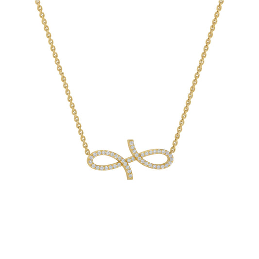 Gold necklace with an infinity symbol pendant on a white background