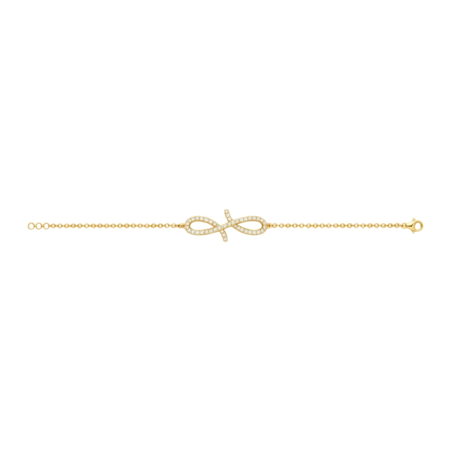 Gold bracelet with a bow charm on a white background