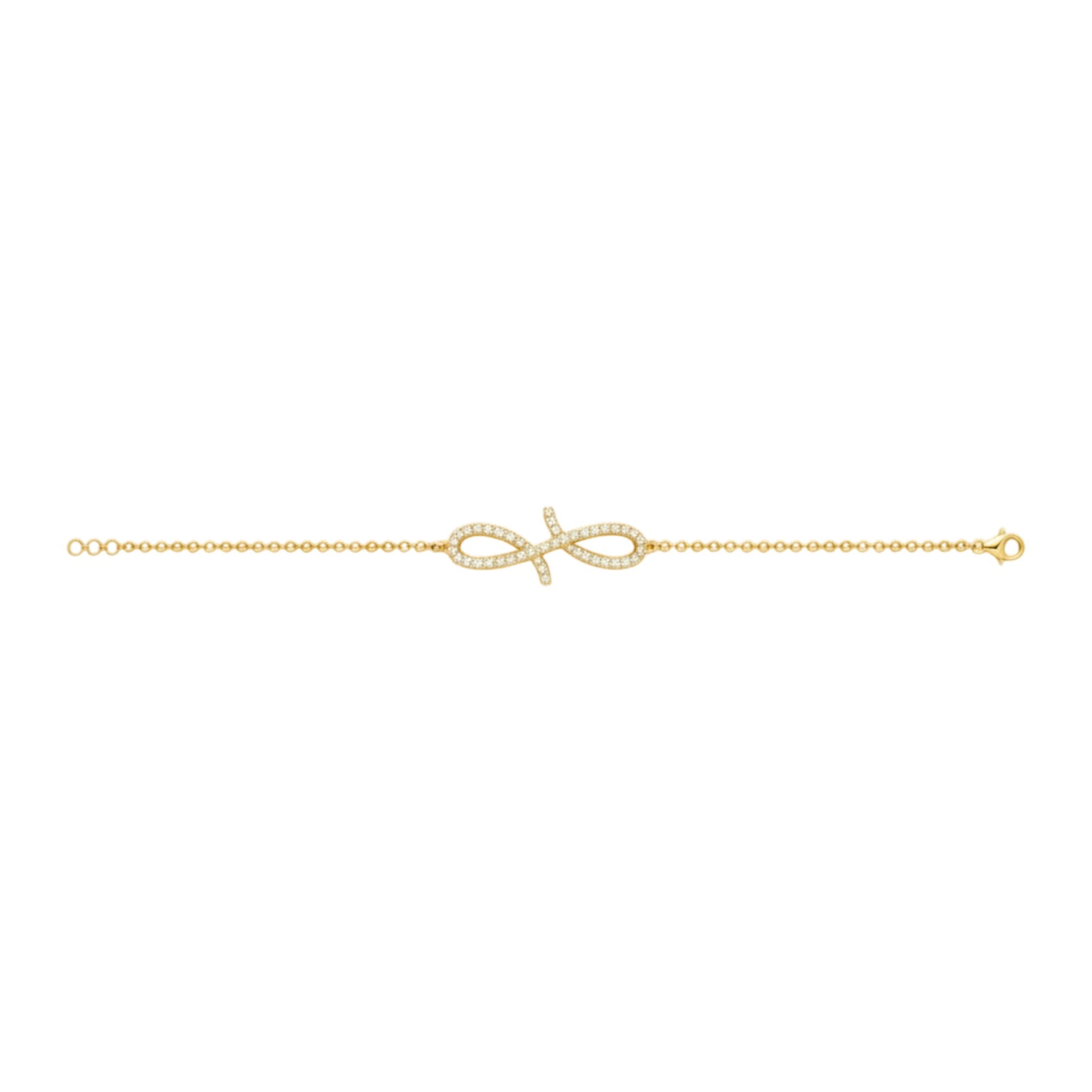 Gold bracelet with a bow charm on a white background