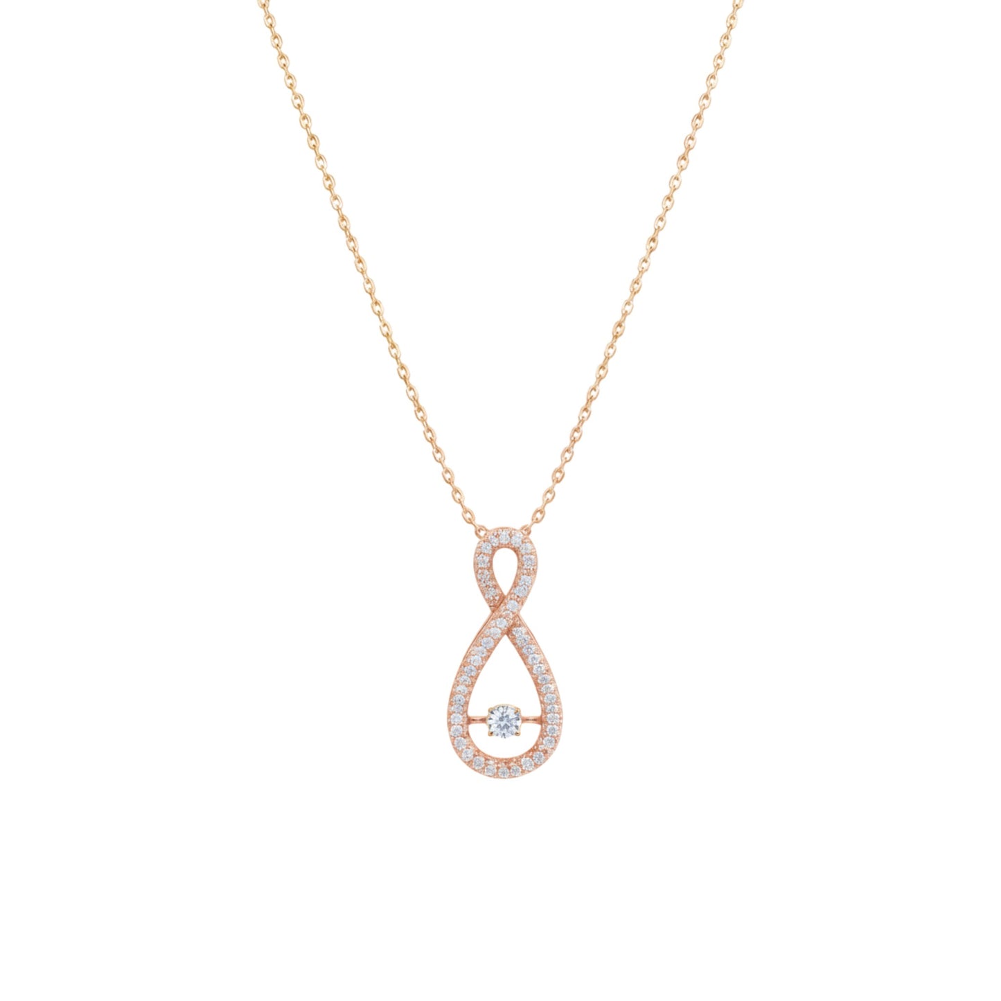 Rose gold infinity necklace with a small diamond on a white background