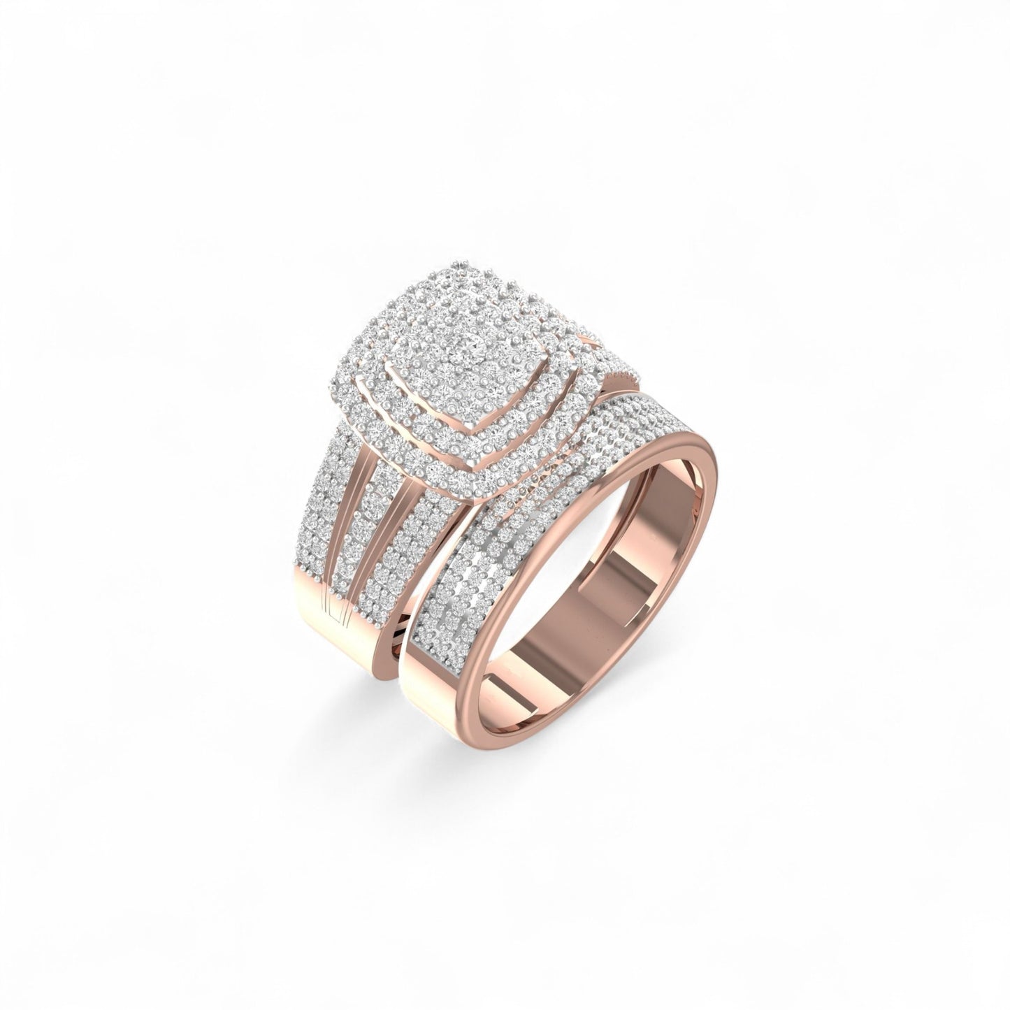 Rose gold ring with diamond accents on a white background