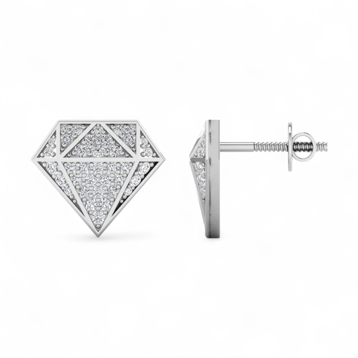 Diamond-shaped silver earrings on a white background