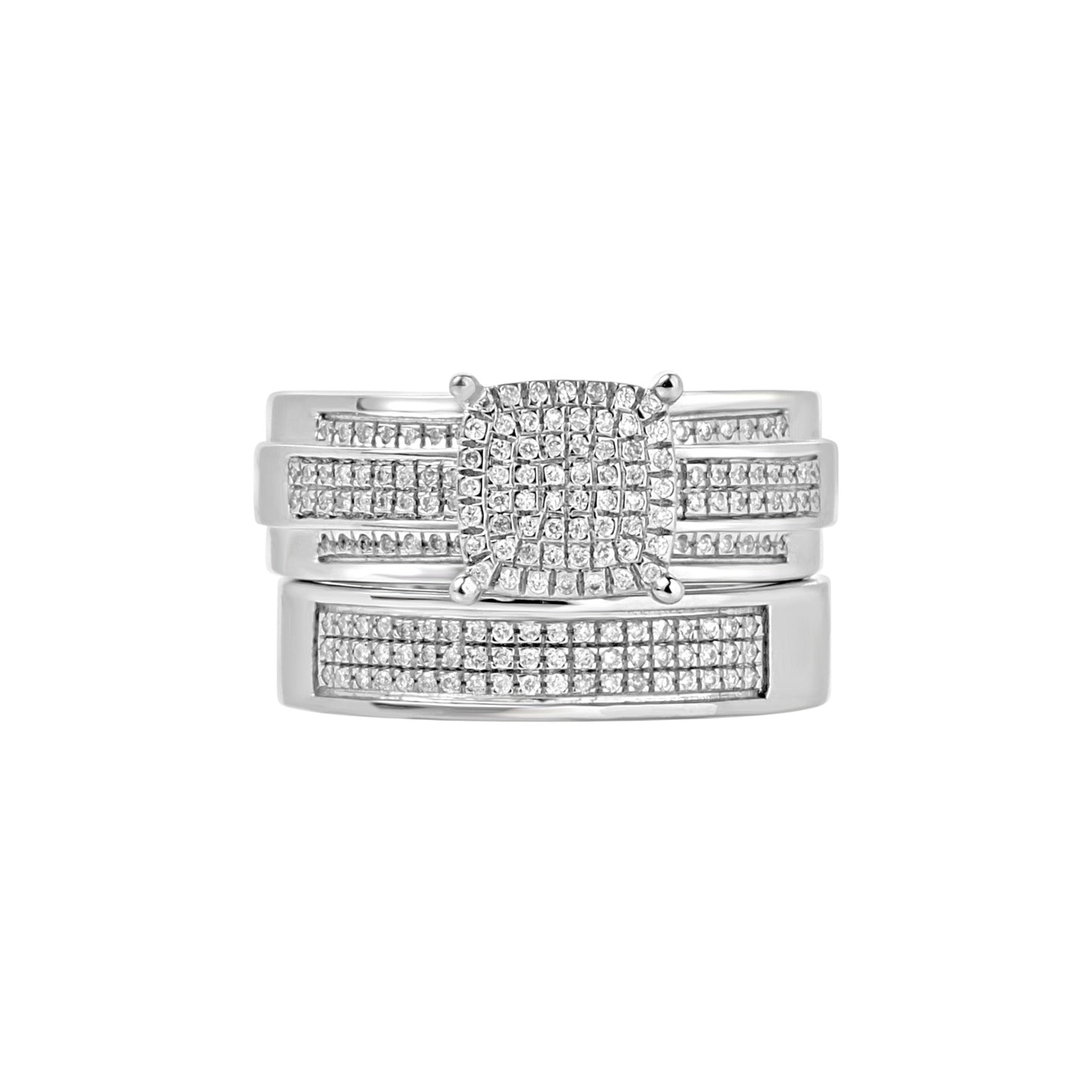 Stack of silver rings with diamond accents on a white background