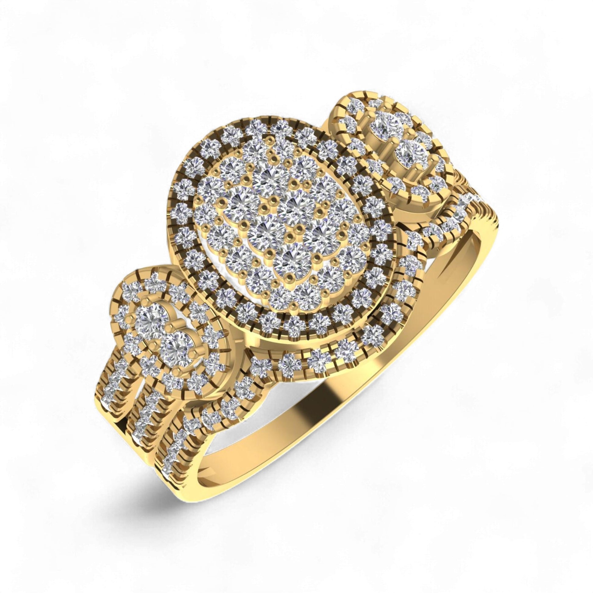 Gold ring with diamond accents on a white background